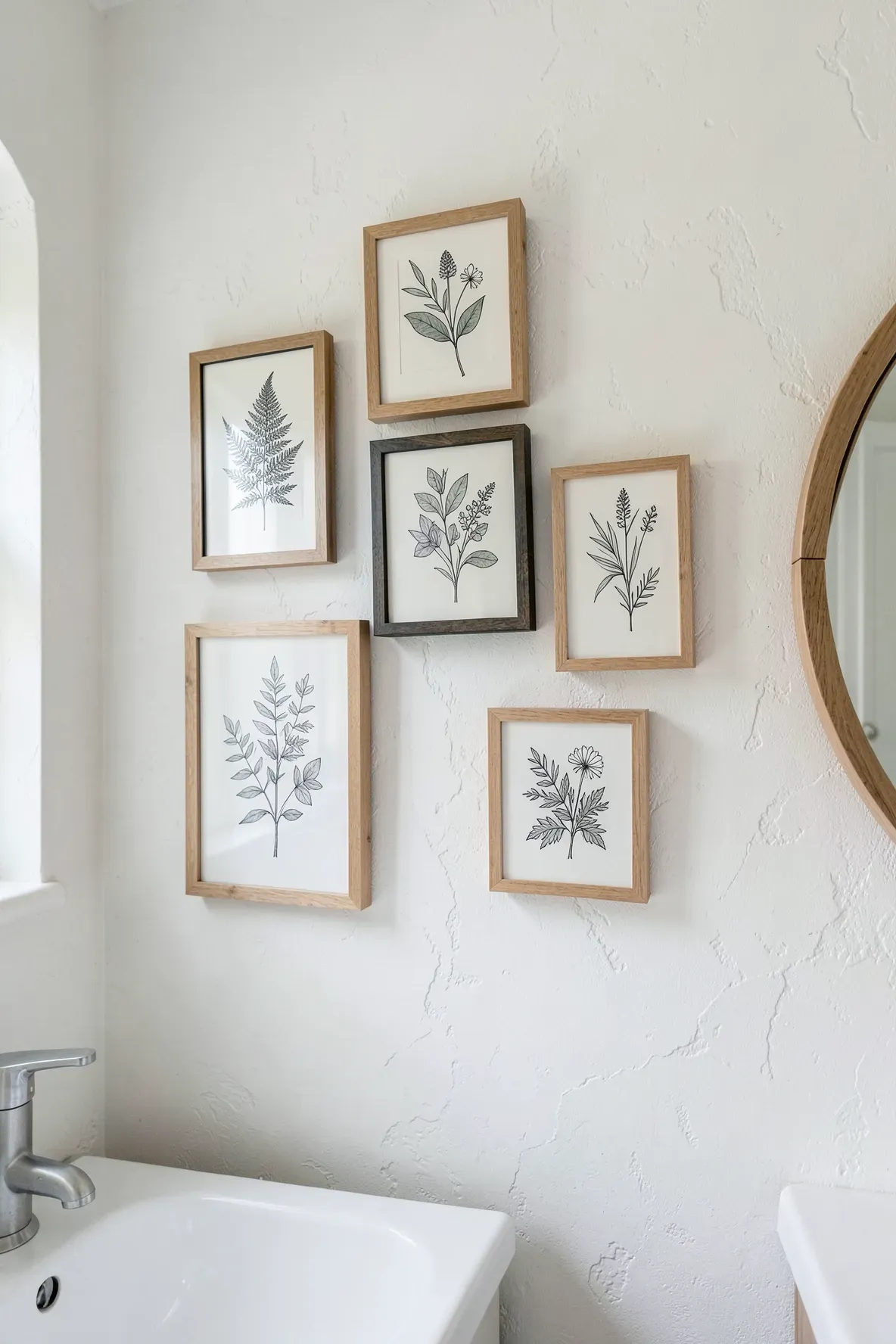 A small boho bathroom wall featuring a curated gallery of framed botanical sketches in black and wood frames.