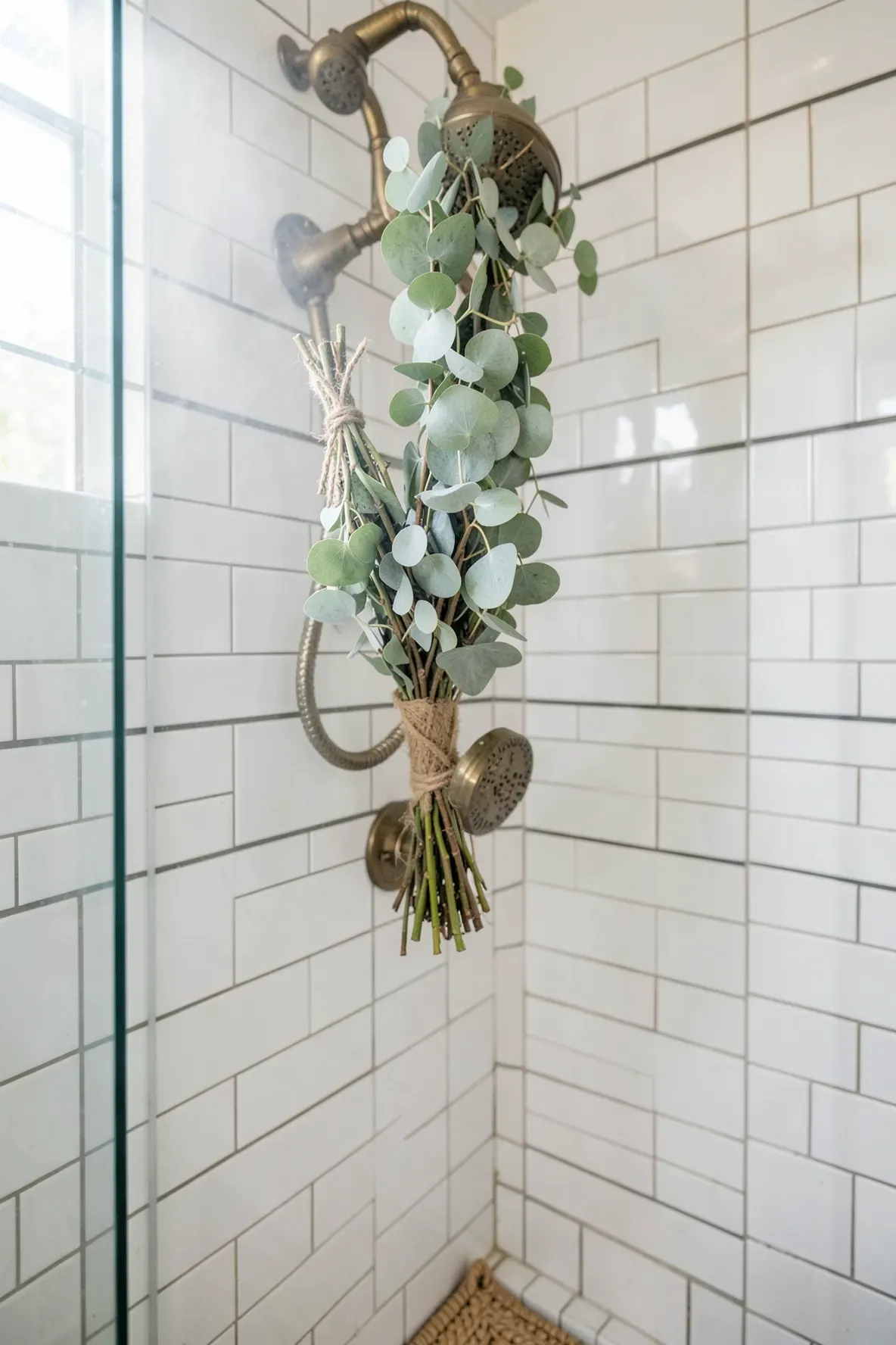 Fresh eucalyptus leaves tied with twine to a brass shower head in a white tiled boho bathroom.
