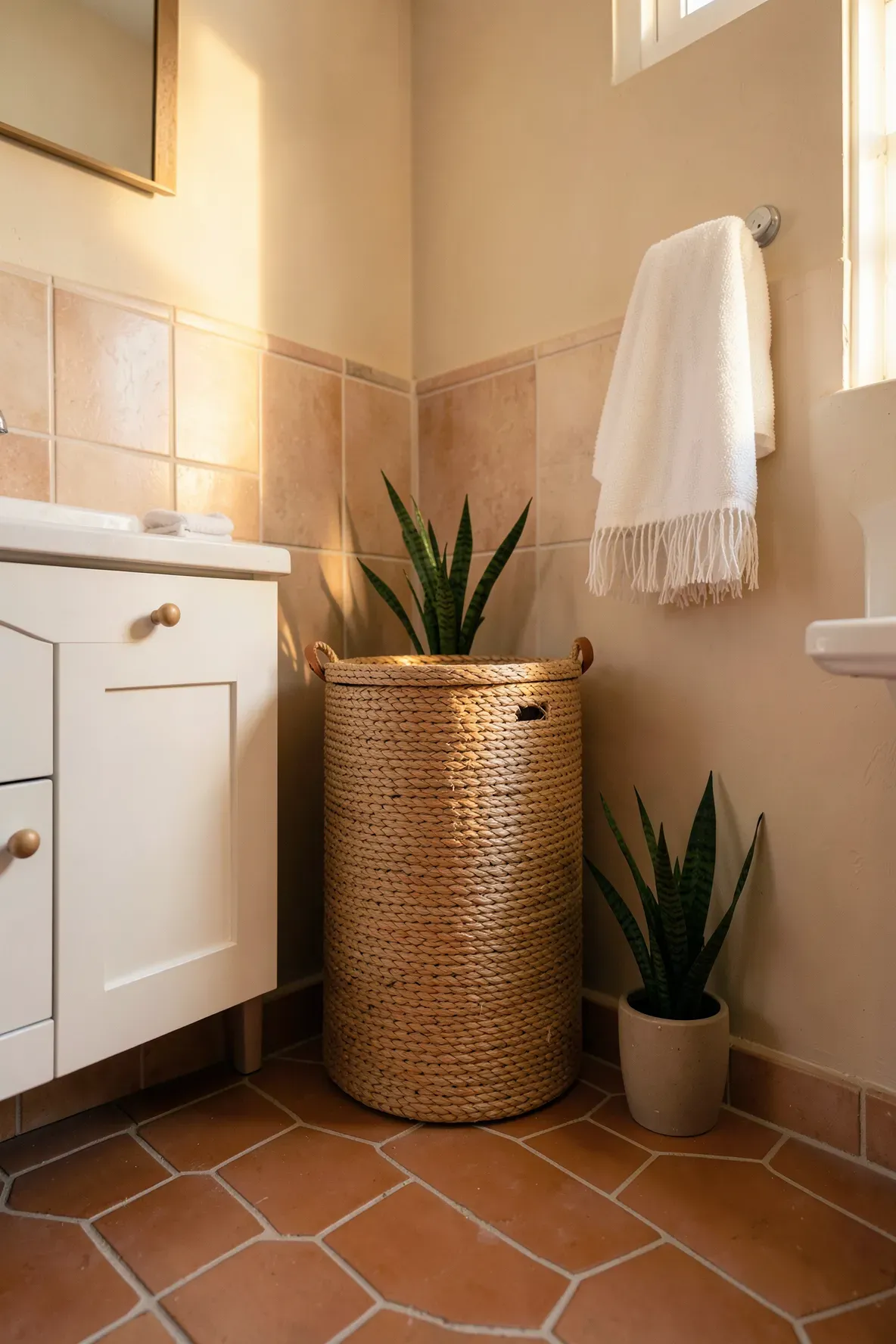 A tall woven jute laundry hamper with a lid sitting in the corner of a boho bathroom with terracotta tiles.