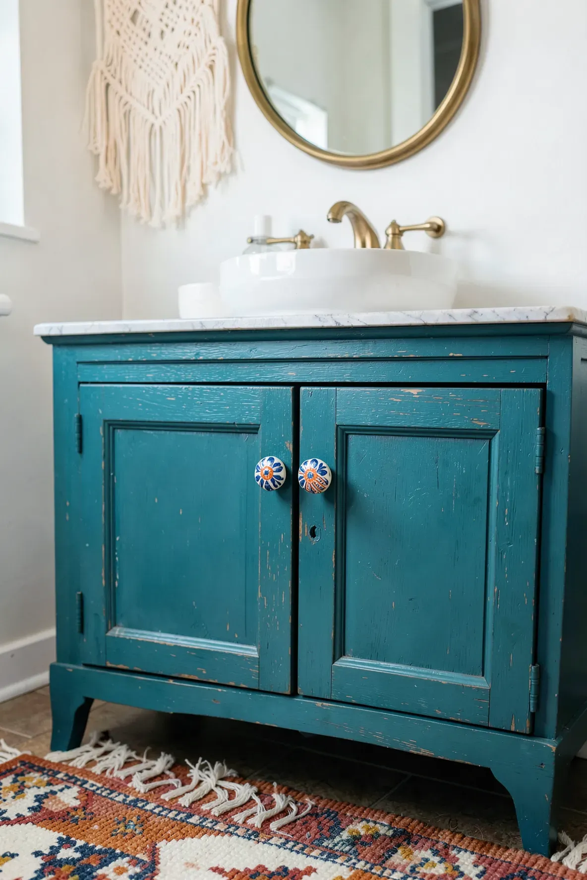 Close-up of hand-painted floral ceramic knobs on a teal wooden vanity in a boho style bathroom.