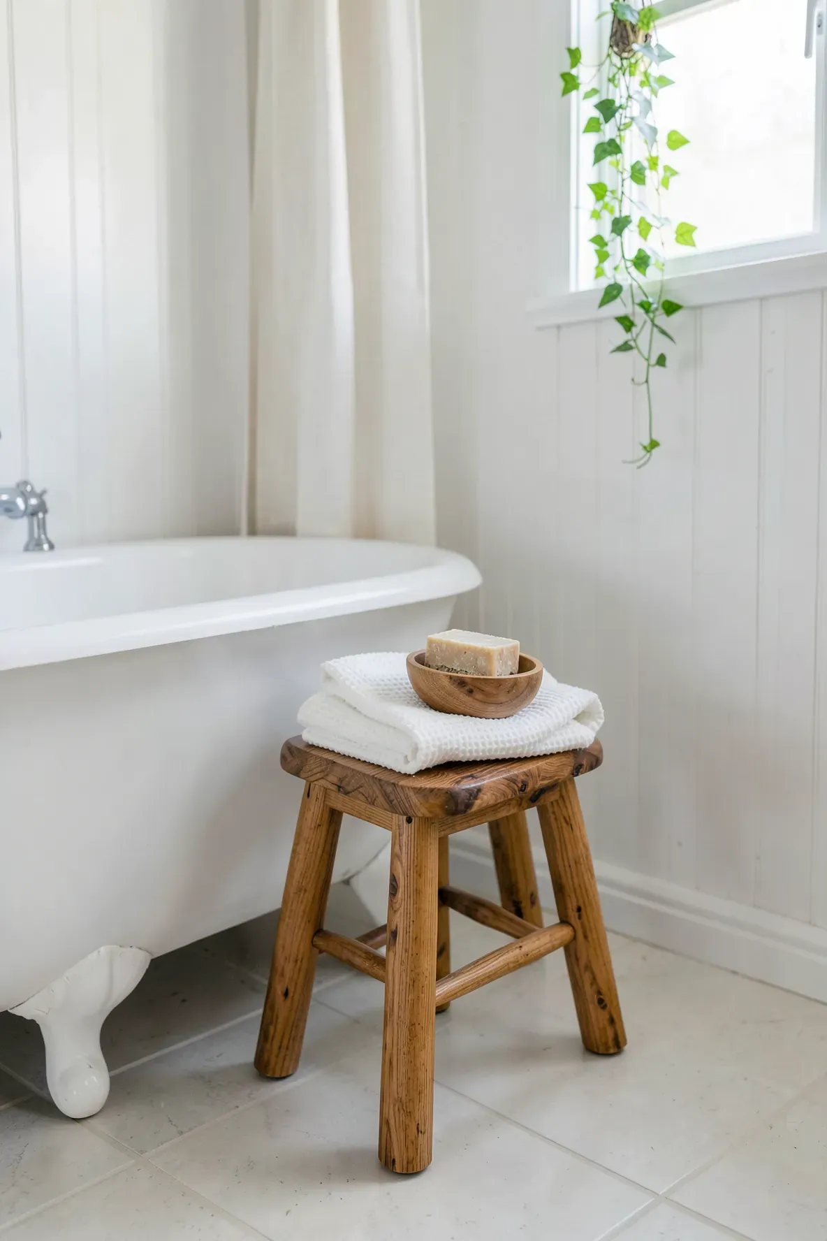 A small natural teak wood stool holding white towels next to a bathtub in a bright boho bathroom.