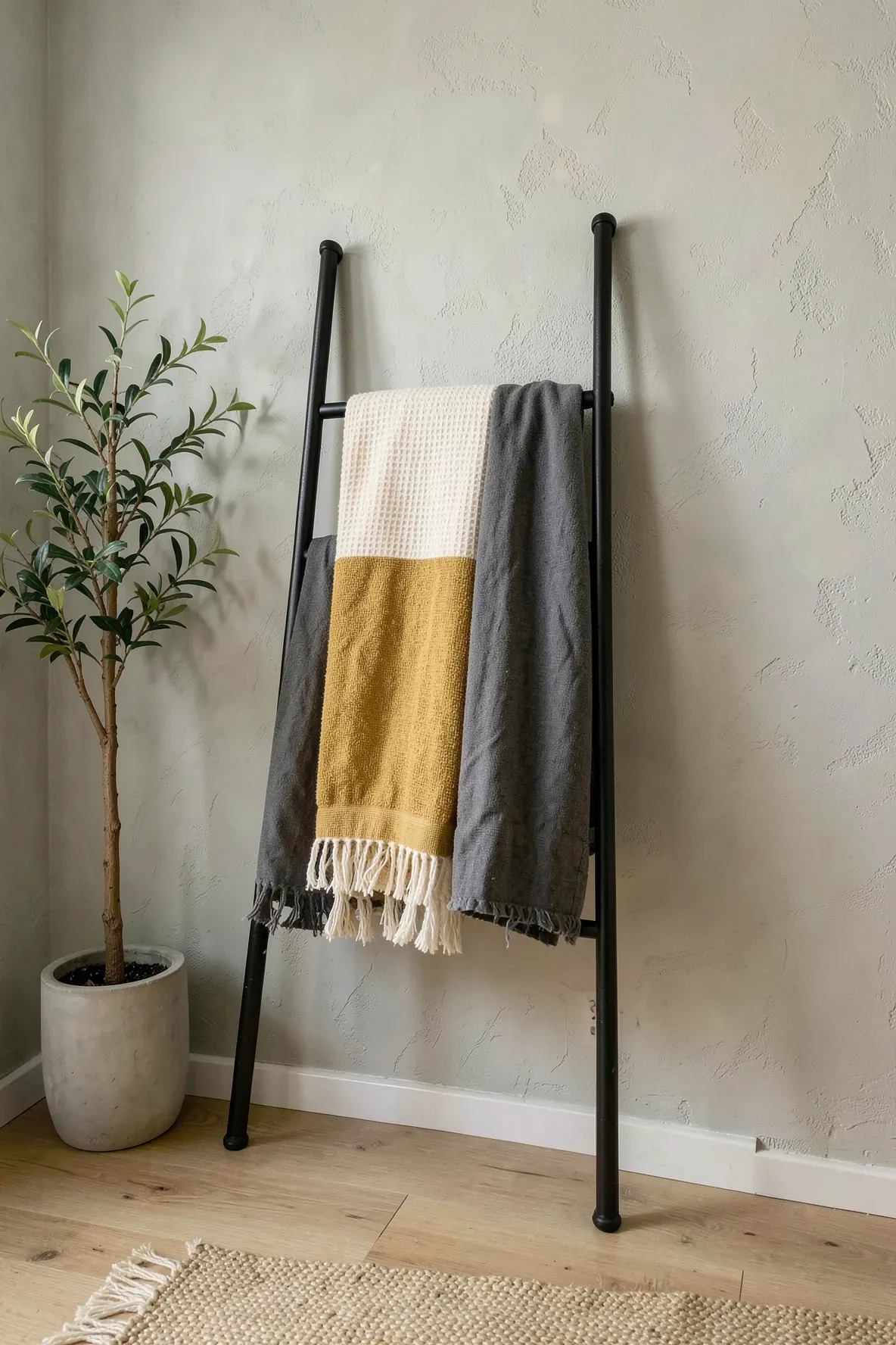 A black wrought iron ladder leaning against a wall with layered textured towels in a boho bathroom.