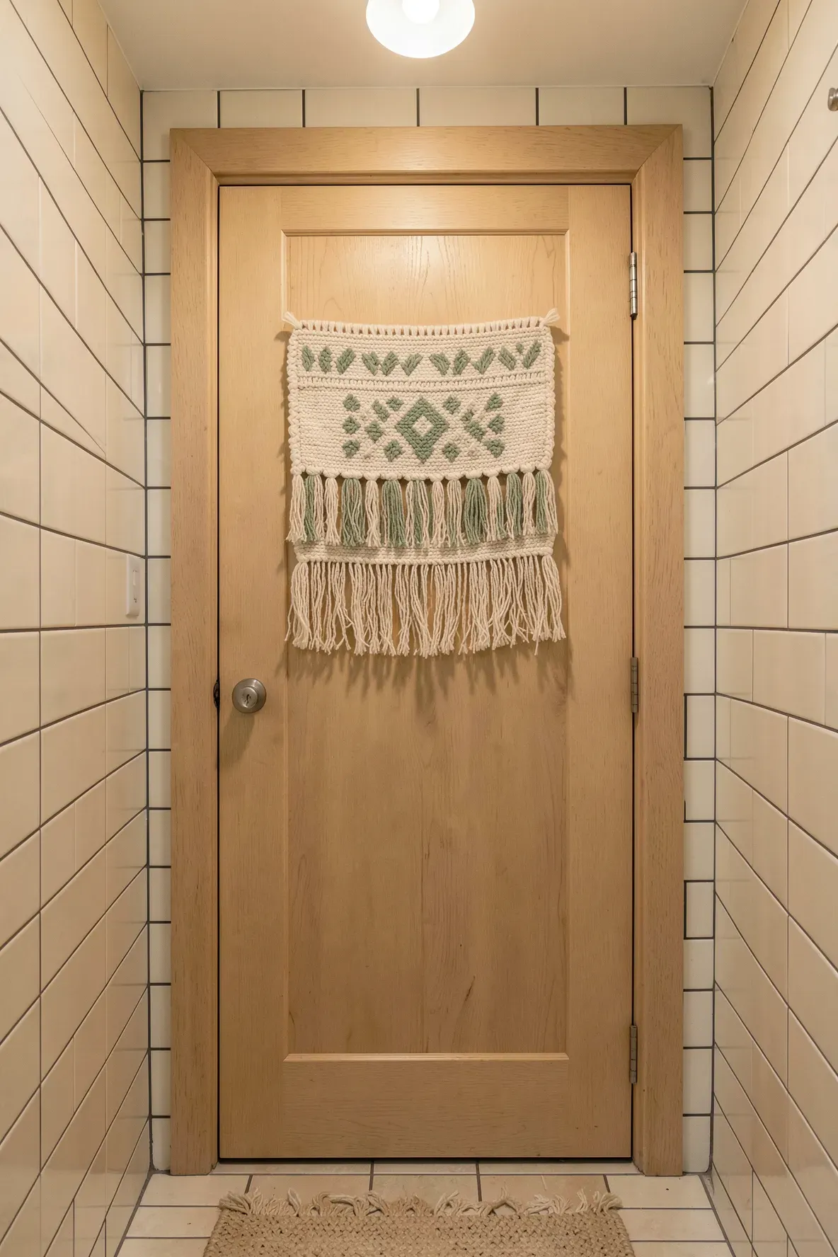 A small woven textile tapestry with fringe hanging on the back of a light wood bathroom door.