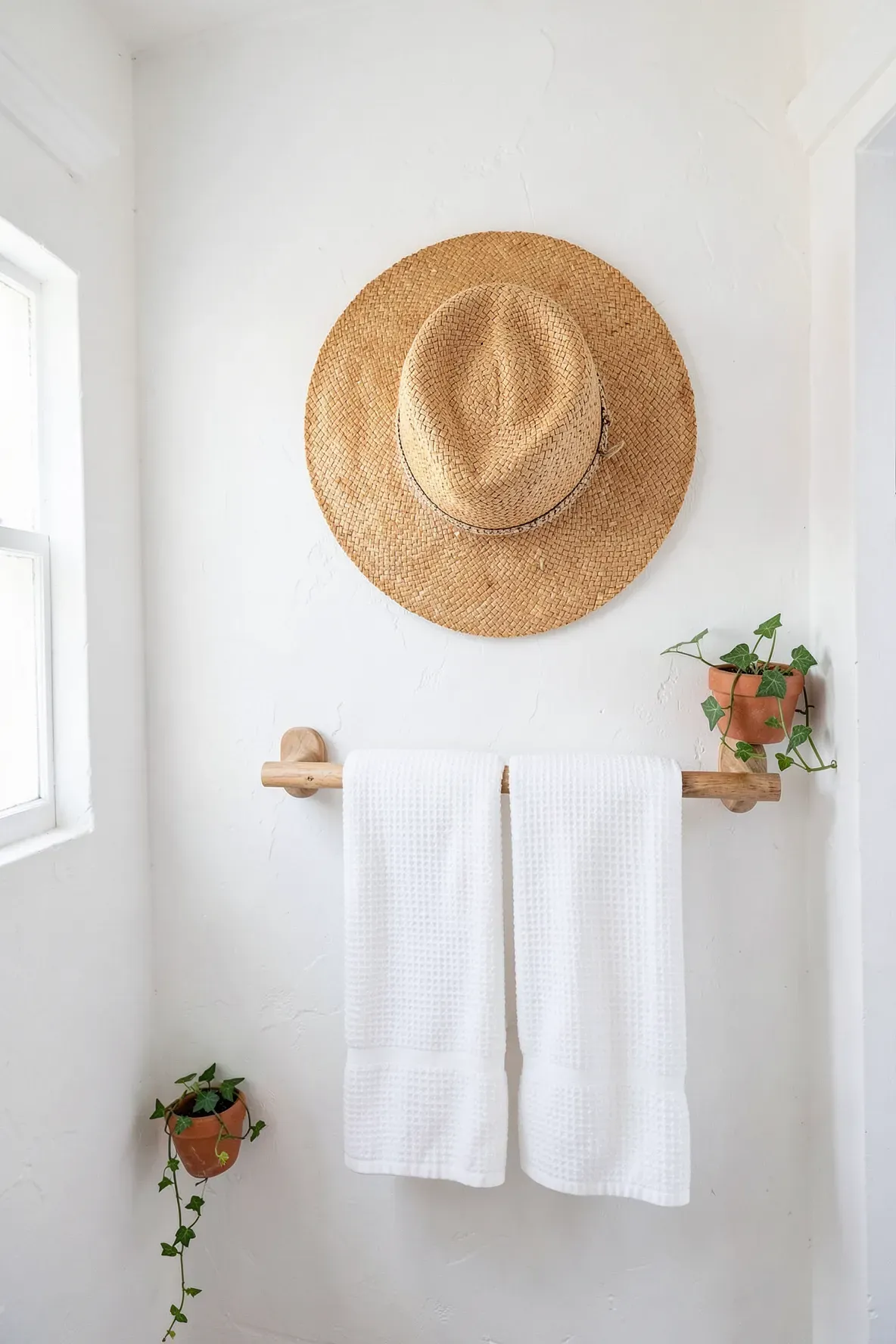 A wide-brimmed straw hat used as wall decor in a bright, white-walled boho bathroom.