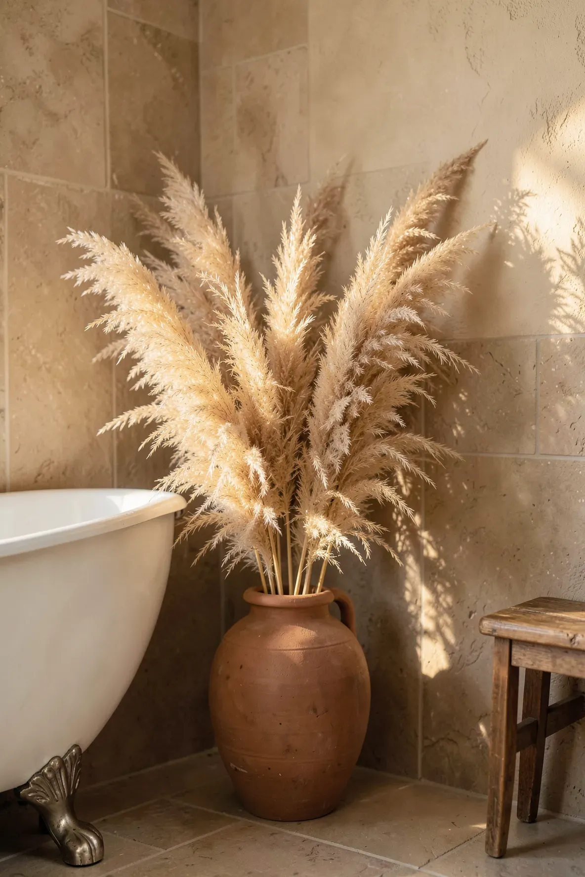 Tall feathery pampas grass in a large clay floor vase in the corner of a boho bathroom.