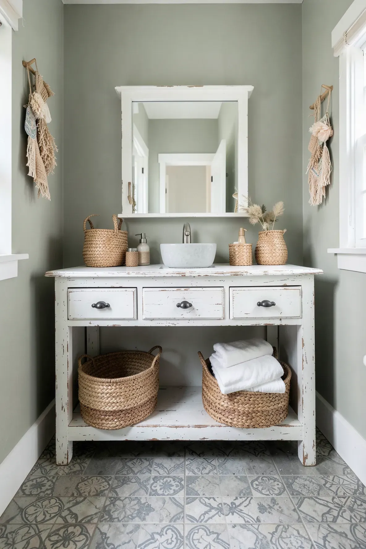 A white distressed wood bathroom vanity with open shelves holding woven baskets and towels.