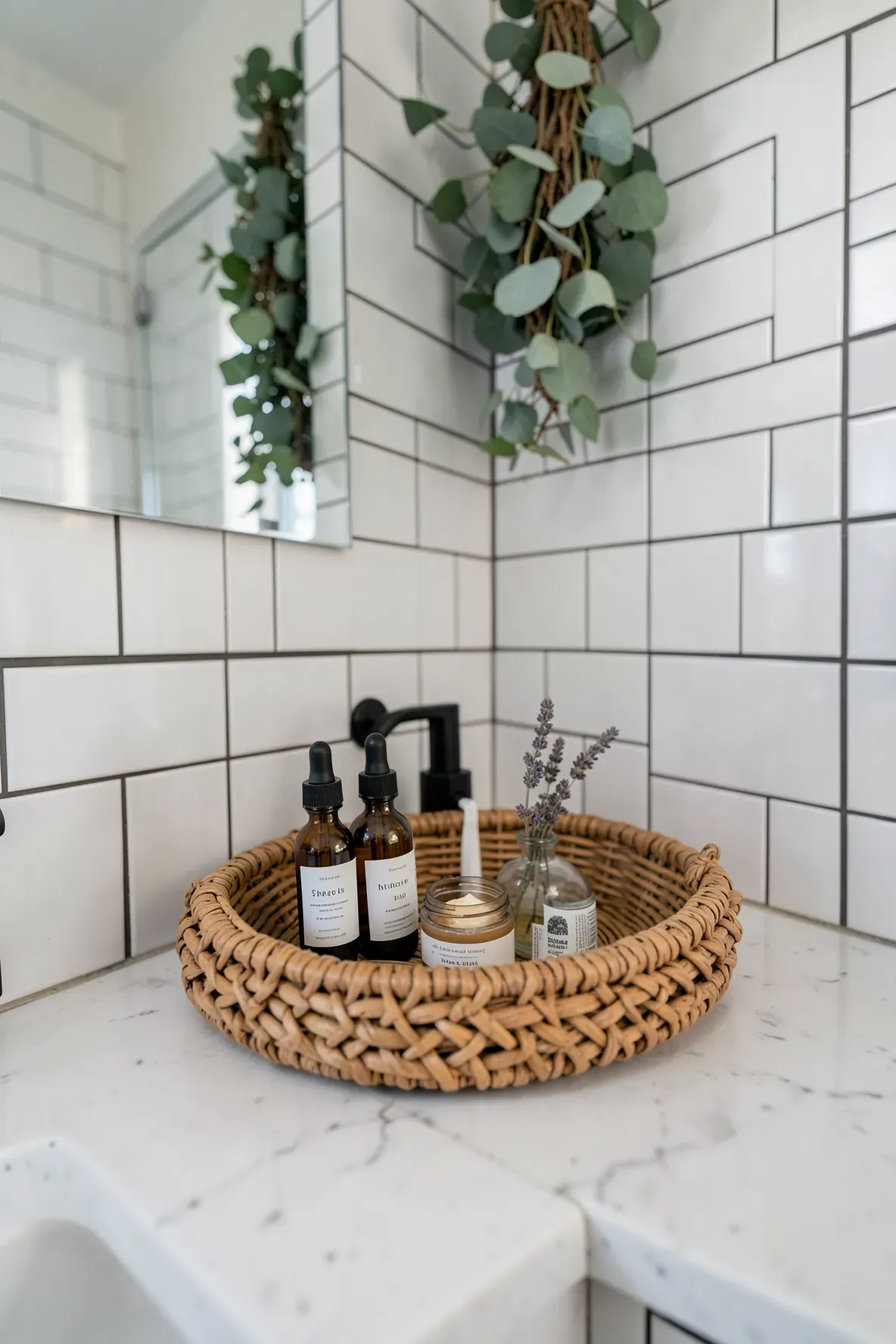 A round wicker tray organizing amber skincare bottles on a white bathroom vanity with boho decor.