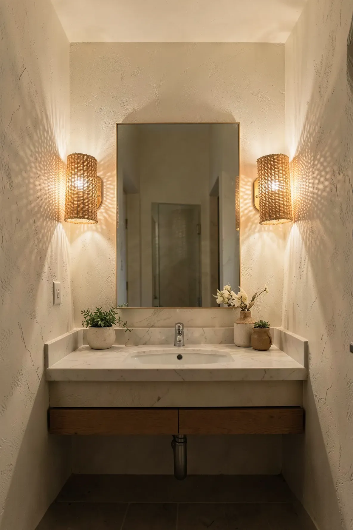 Wall-mounted sconces with woven raffia shades casting warm light in a small boho bathroom.