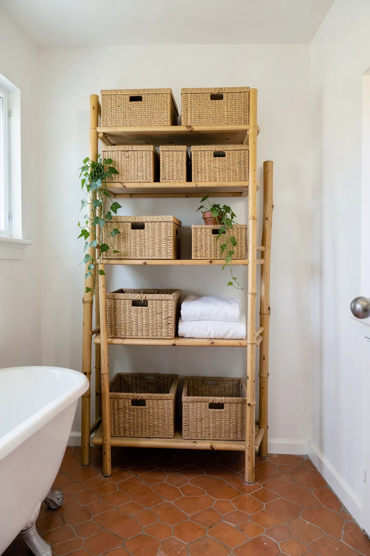 Woven seagrass lidded boxes stacked on a wooden shelf in a tidy bohemian-style bathroom.
