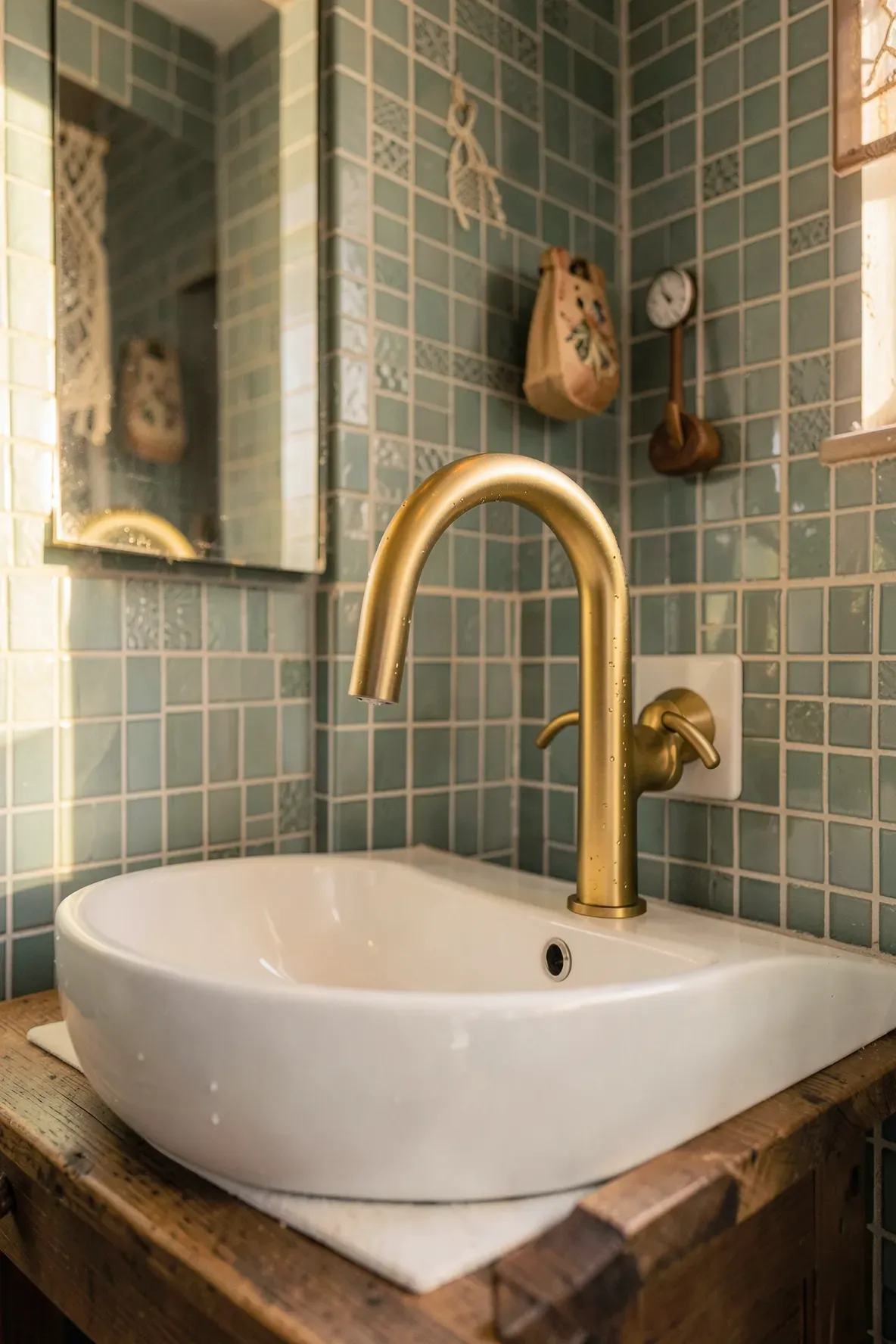 A matte gold high-arch faucet on a white sink in a small bathroom with sage green tiles.