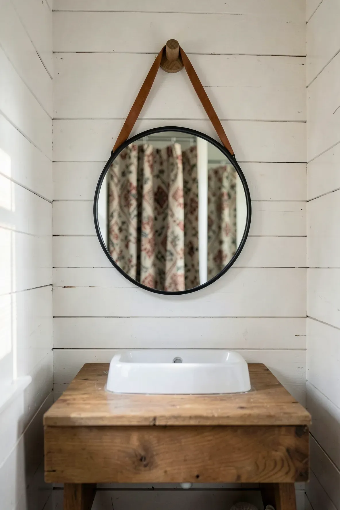 A round mirror with a leather strap hanging above a wooden vanity in a small boho bathroom.