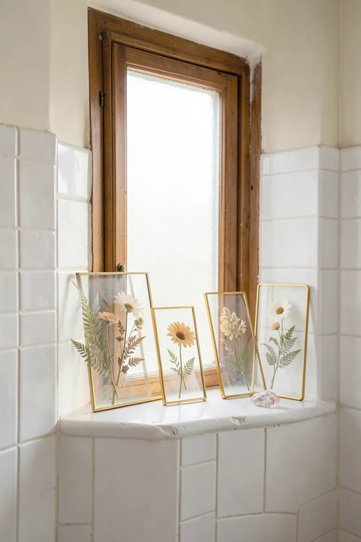 Delicate pressed flower frames leaning on a white window sill in a bright boho bathroom.
