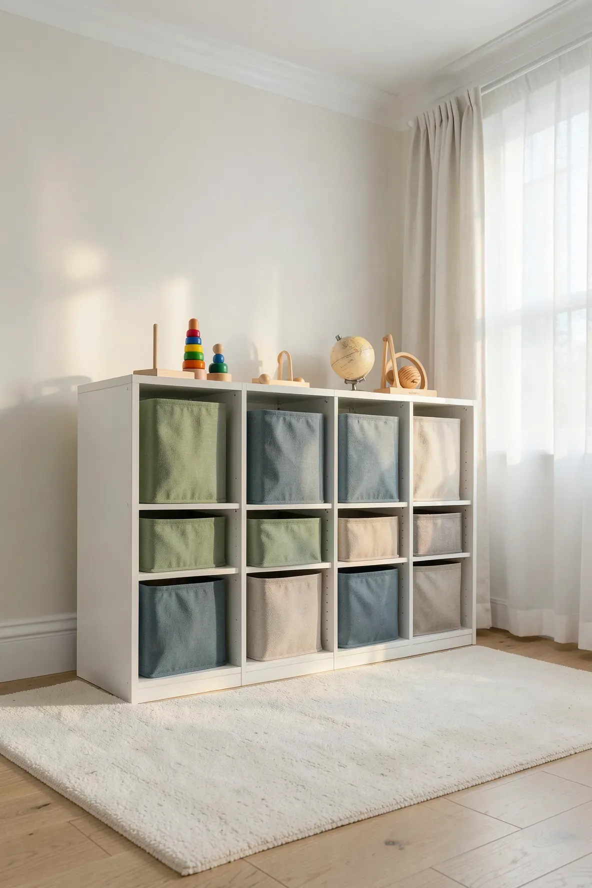 A white 16-cube shelving unit with soft-colored fabric bins in a bright, modern playroom.