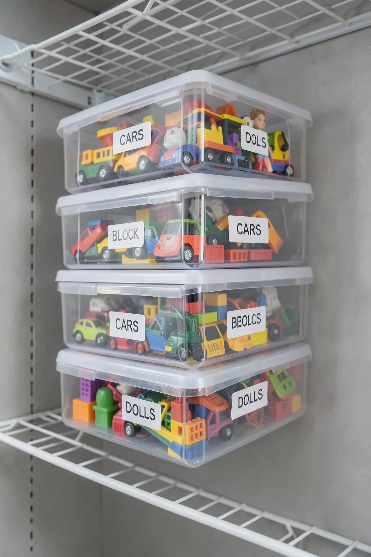 Clear plastic boxes with printed labels stacked neatly on white shelves, showing toys inside.