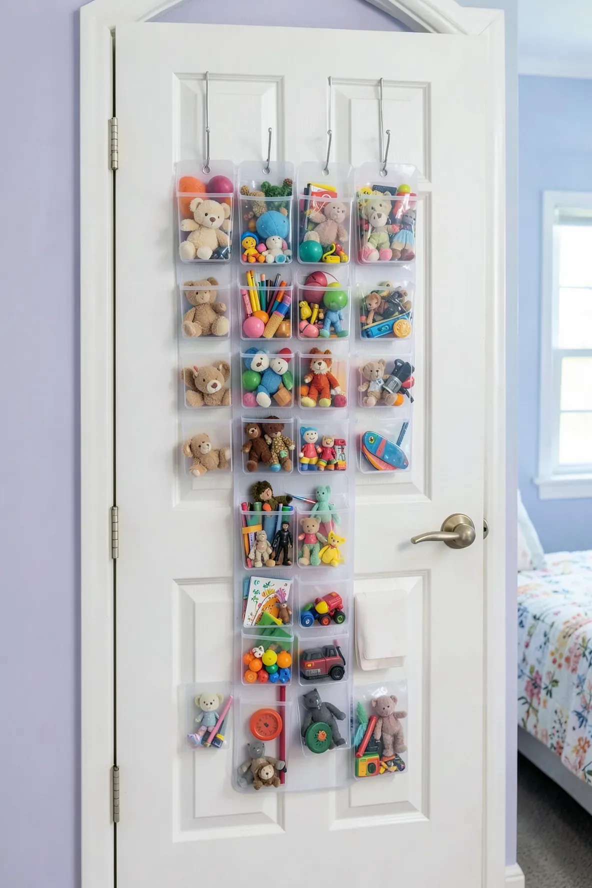 A clear pocket organizer hanging on a white door, filled with stuffed animals and toys.
