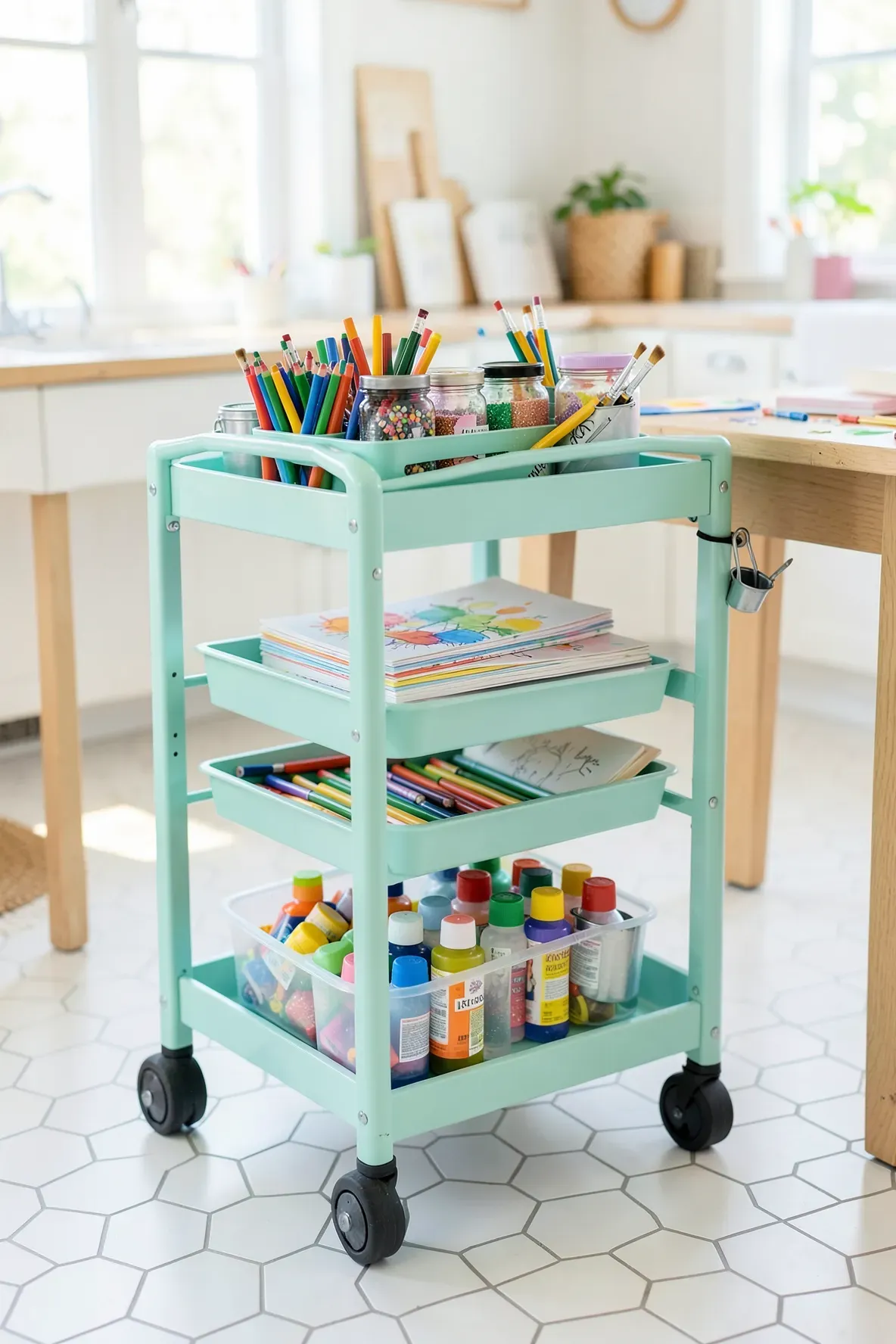 A mint green rolling cart filled with organized markers, paper, and craft supplies.