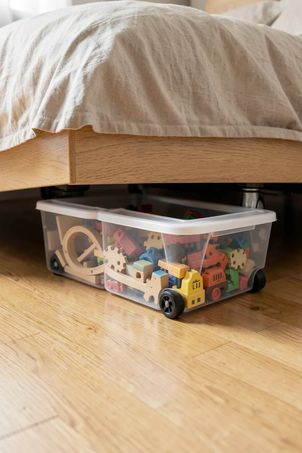 Clear shallow bins with wheels being pulled out from under a wooden bed frame.