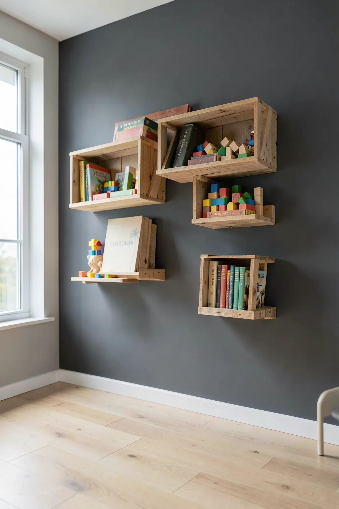 Rustic wooden crates bolted to a gray wall filled with toys and books in a tidy playroom.