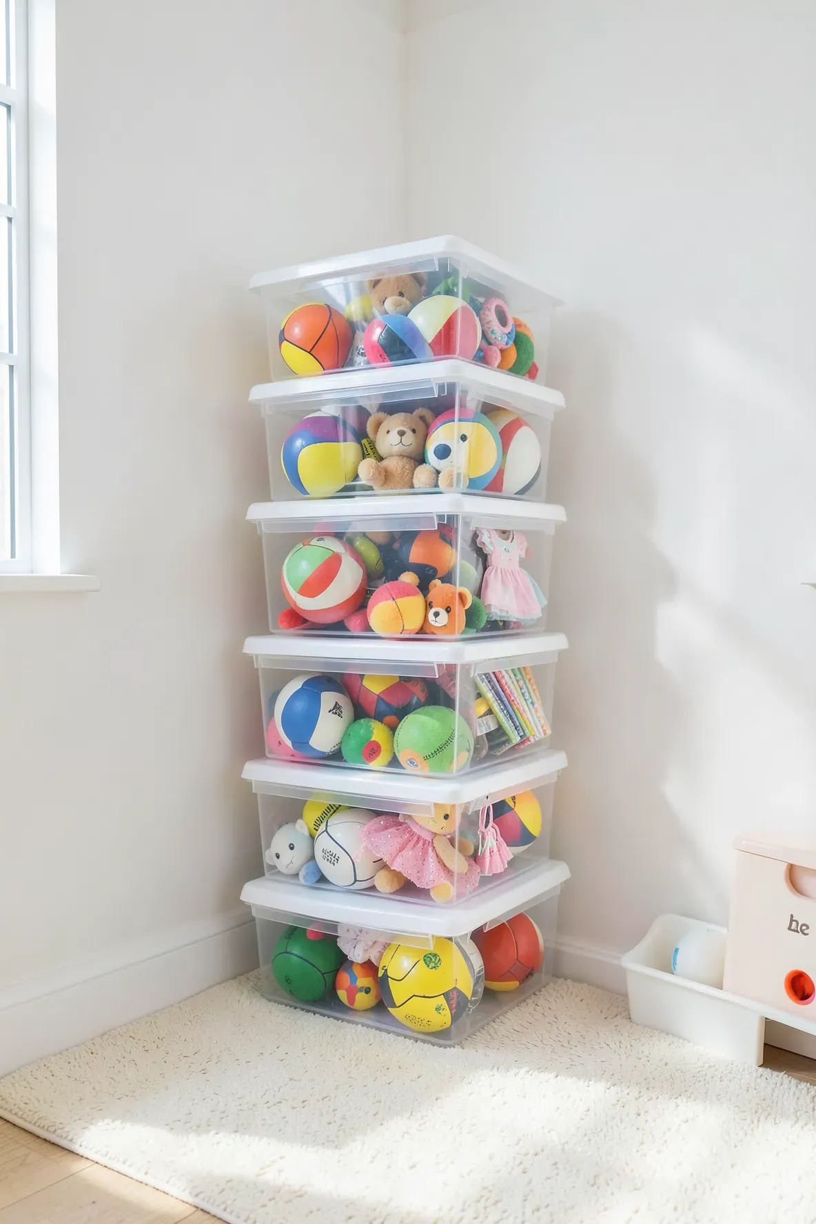 Clear stackable bins with front openings holding various toys in a bright playroom corner.
