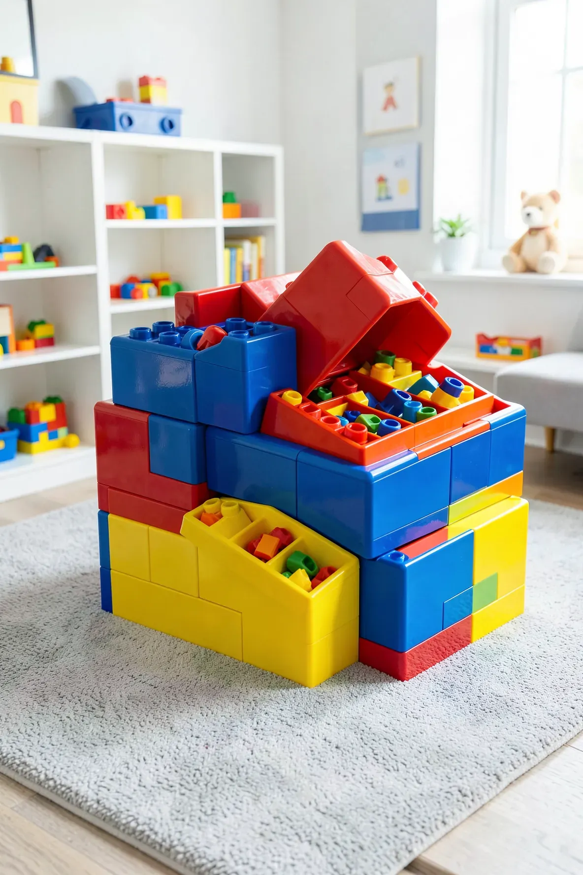 Giant colorful toy storage bricks with internal trays for sorting small building pieces.