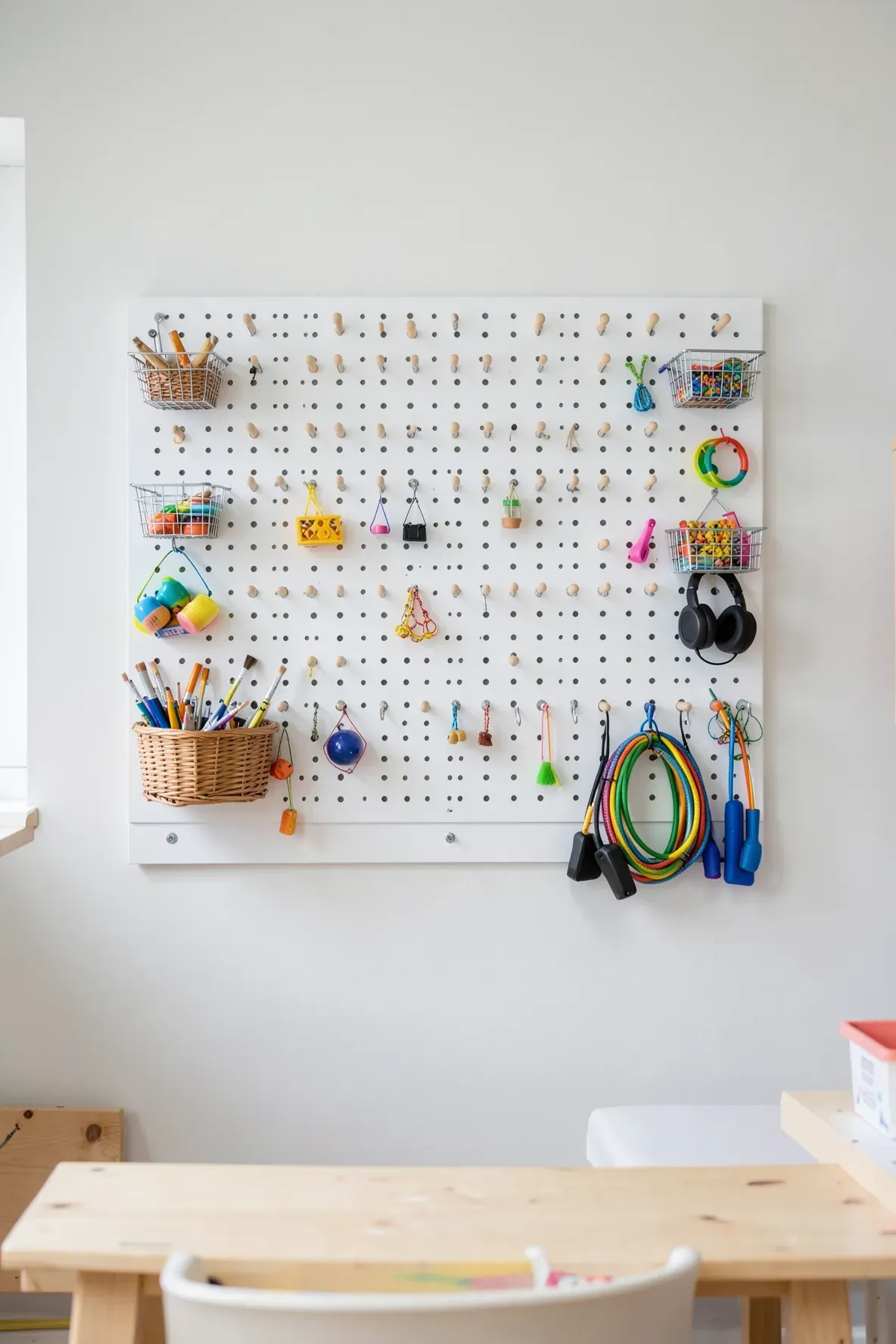 A white pegboard on a wall with baskets and hooks holding art supplies and small toys.