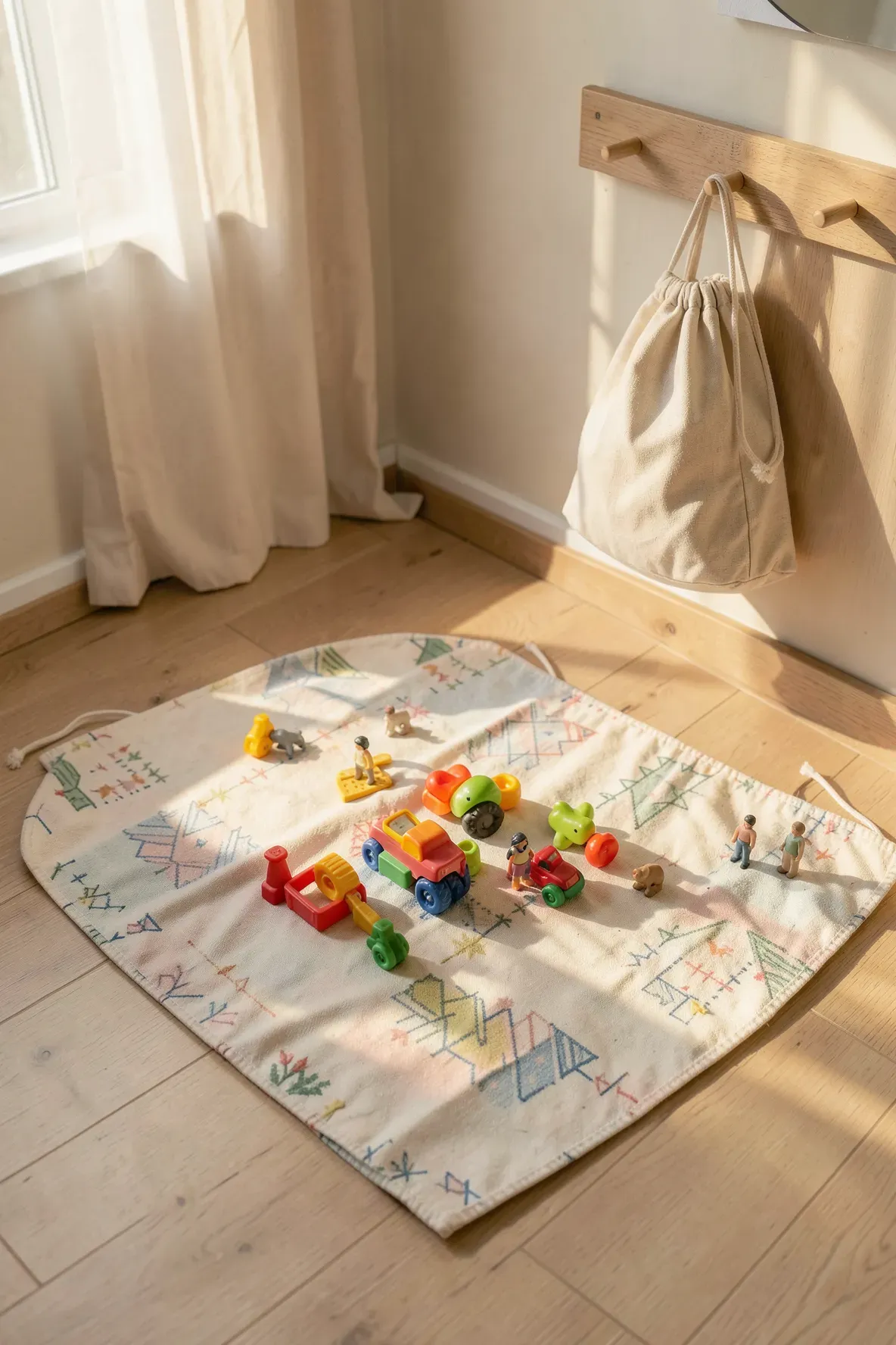 Fabric drawstring bags that open into play mats, shown flat and cinched on a wooden floor.