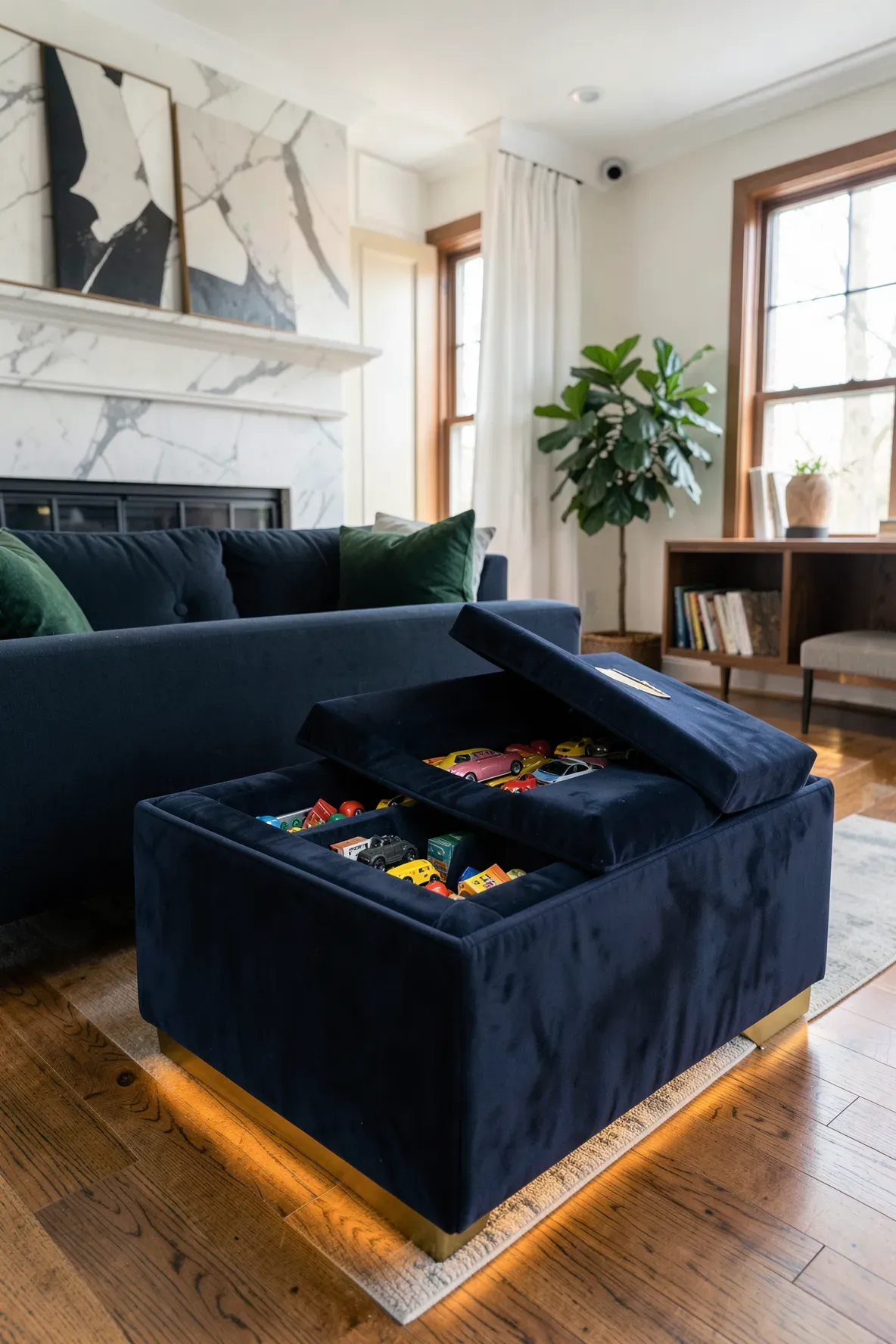A navy velvet storage ottoman in a stylish living room with toys hidden inside.