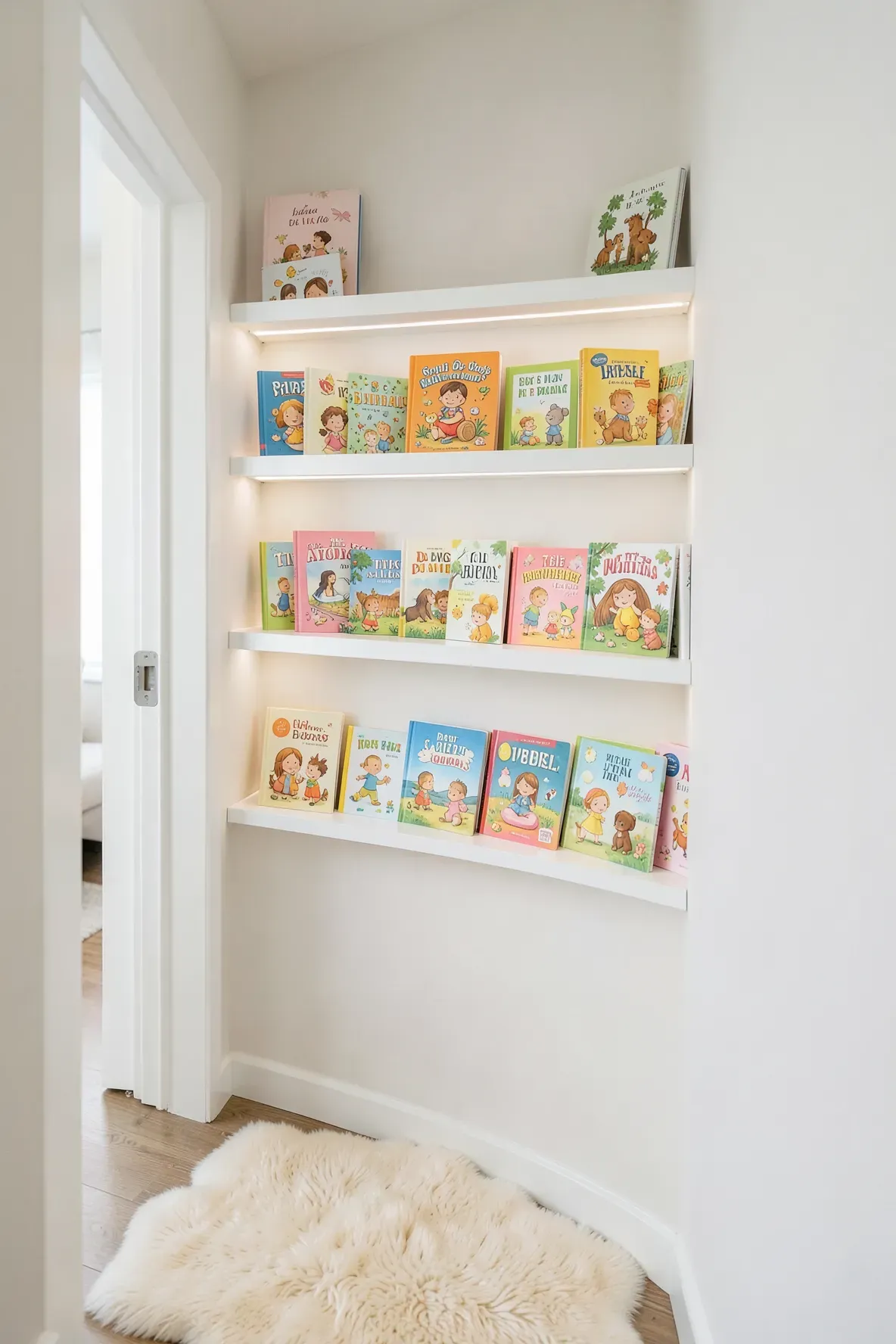 White wall-mounted picture ledges displaying colorful children's books in a tidy hallway.