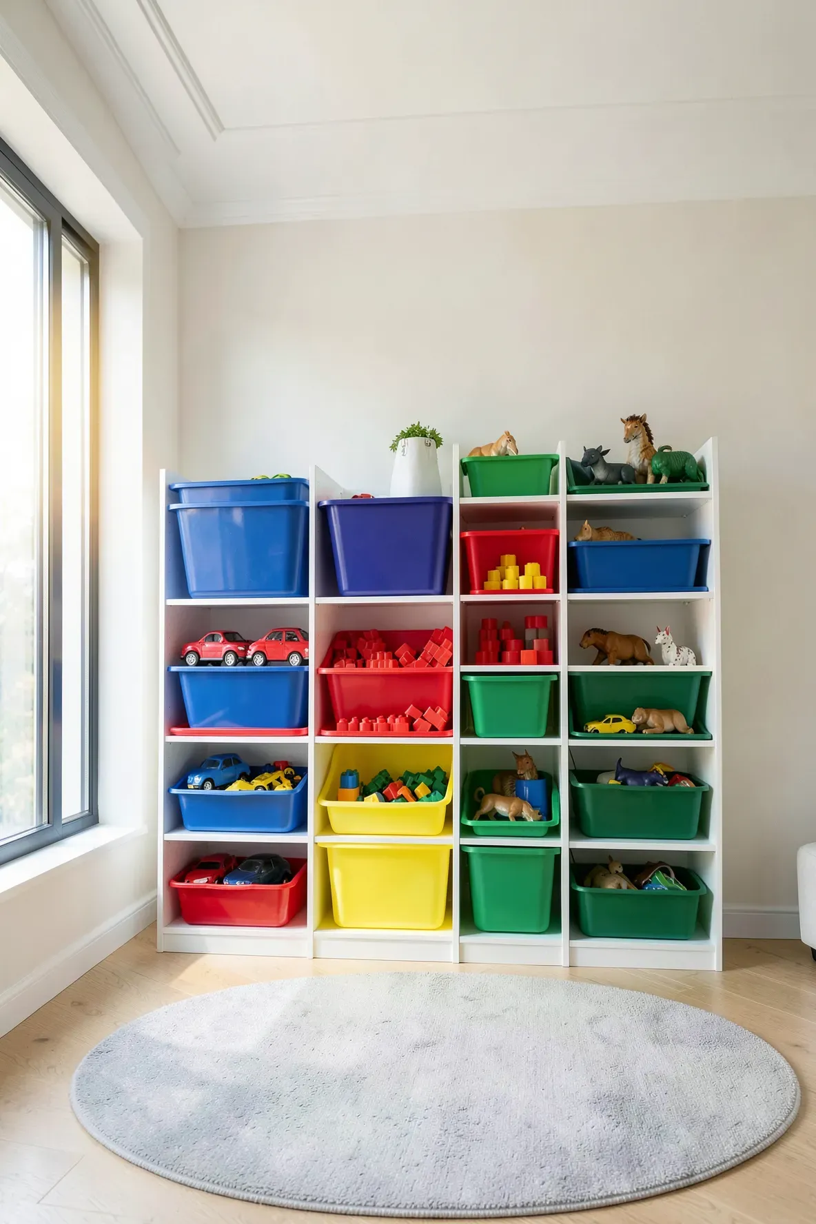 A bright playroom with white shelves holding organized red, blue, and green plastic toy tubs.