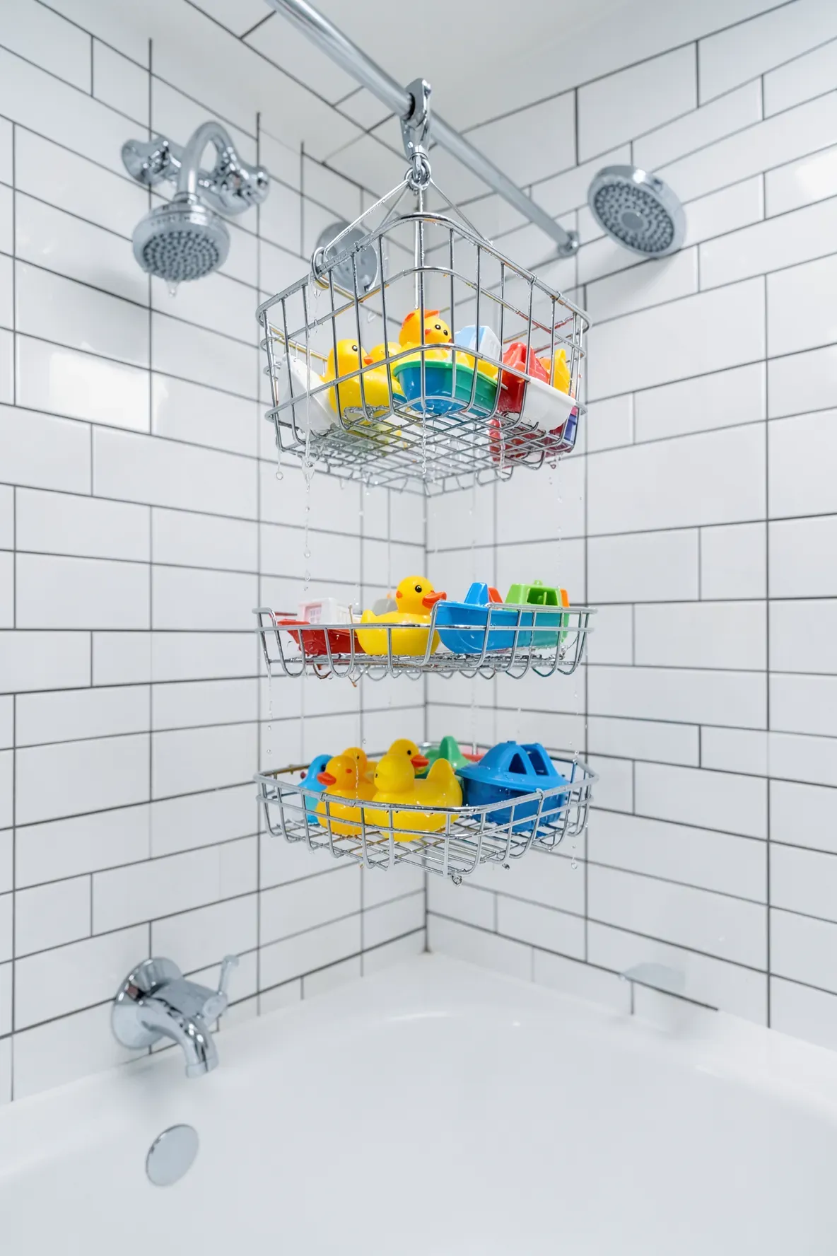A three-tiered chrome wire basket hanging in a tiled bathroom filled with rubber ducks and toy boats.