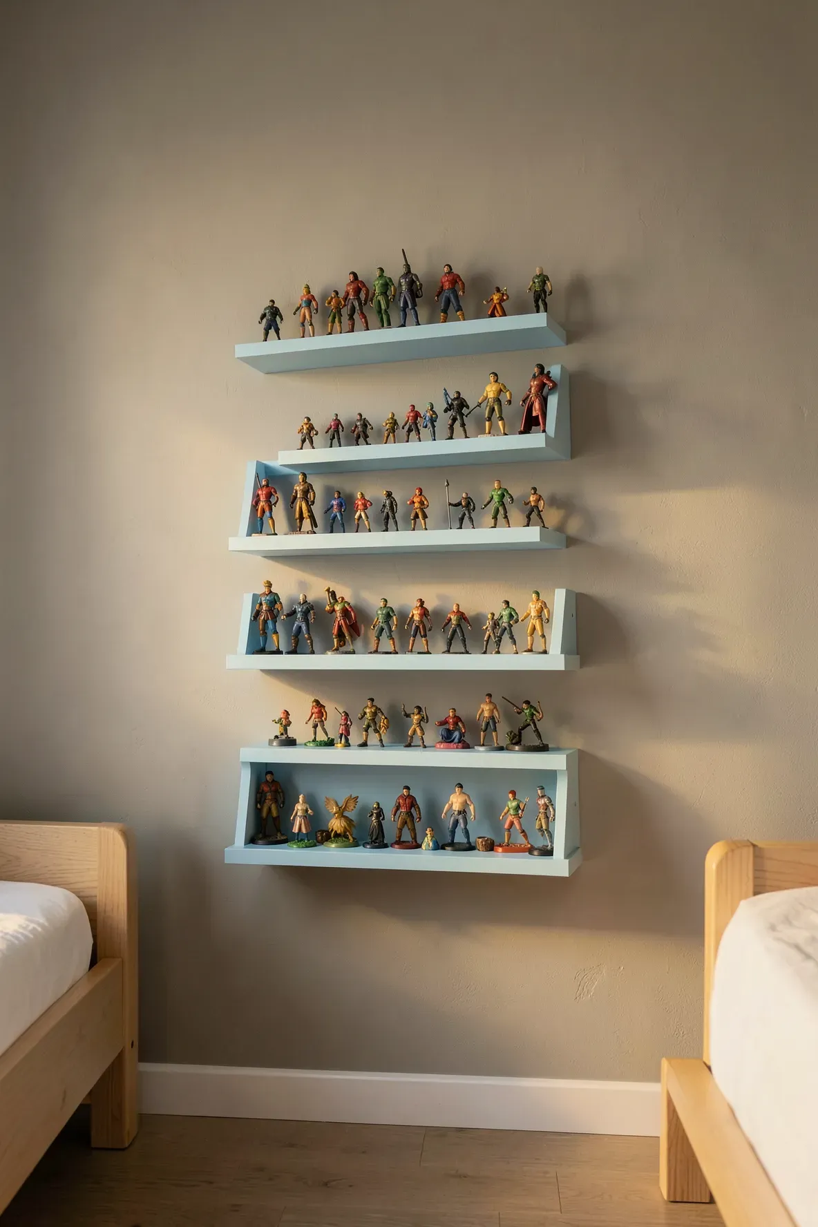Blue painted wooden spice racks mounted on a wall holding small action figures in a tidy display.