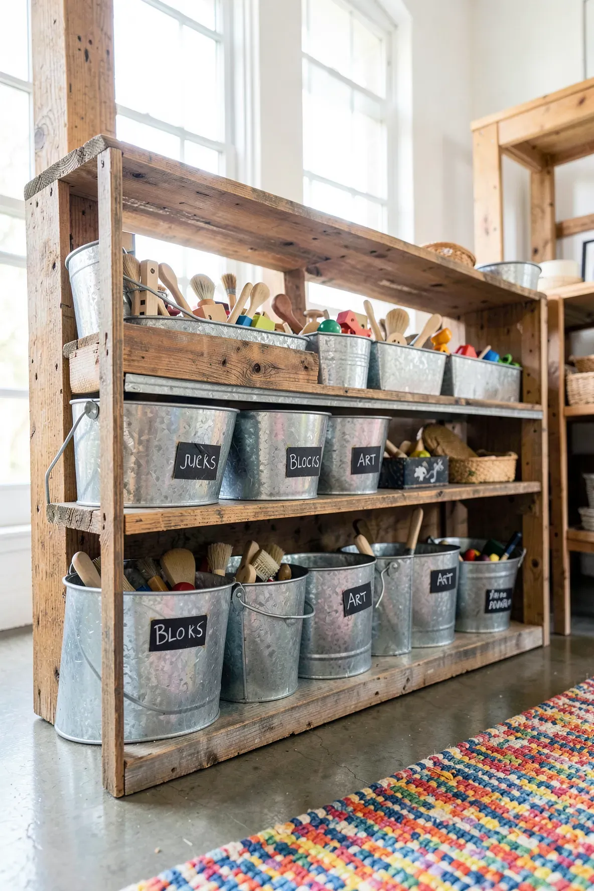 Galvanized metal buckets with chalkboard labels sitting on low wooden shelves in a bright room.