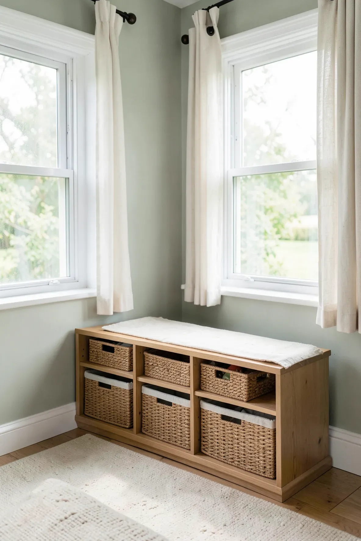 A wooden window bench with open cubbies underneath holding woven baskets in a sunlit bedroom.