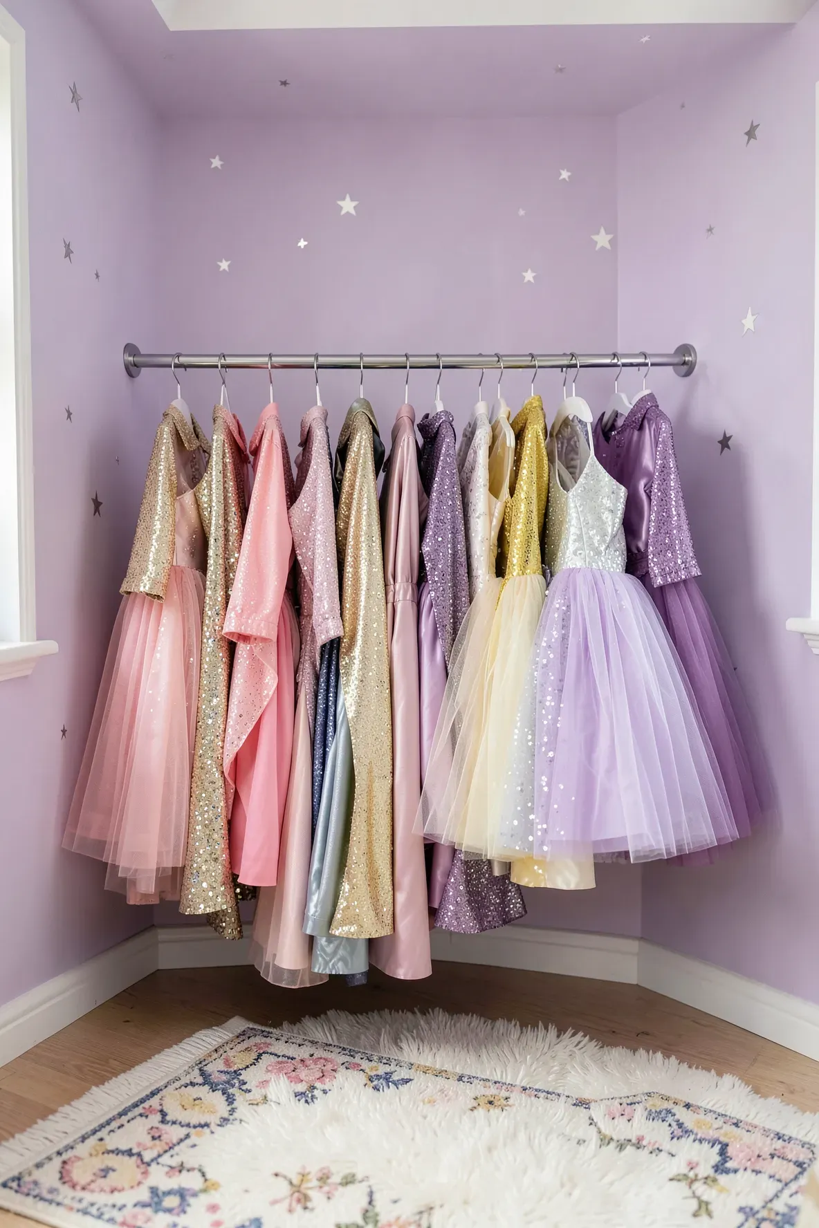 A tension rod with clip rings holding colorful dress-up costumes neatly in a playroom corner.