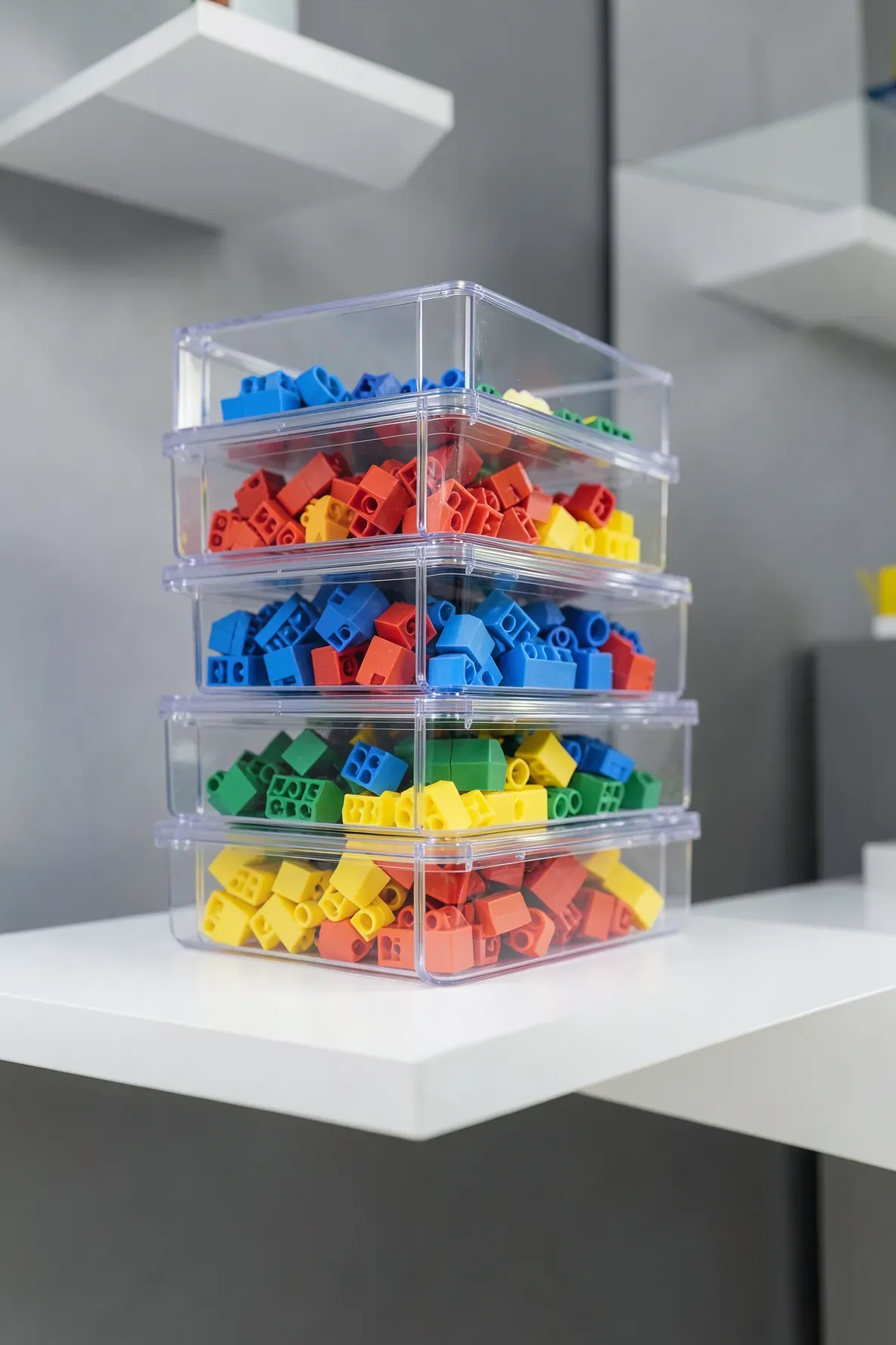 Stackable clear acrylic bins filled with sorted building blocks on a white shelf.