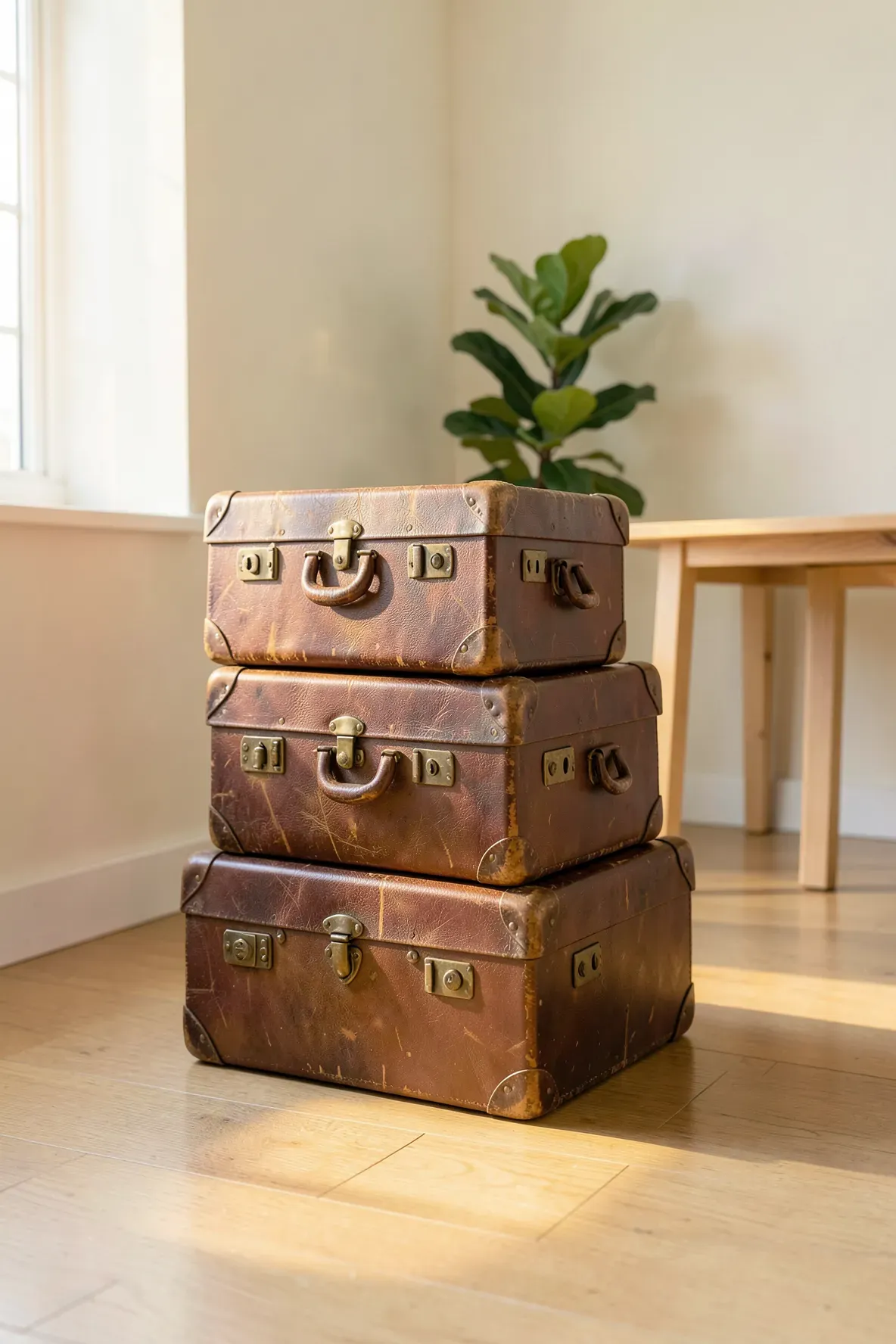 Three vintage brown leather suitcases stacked neatly in a sunlit room for organized toy storage.
