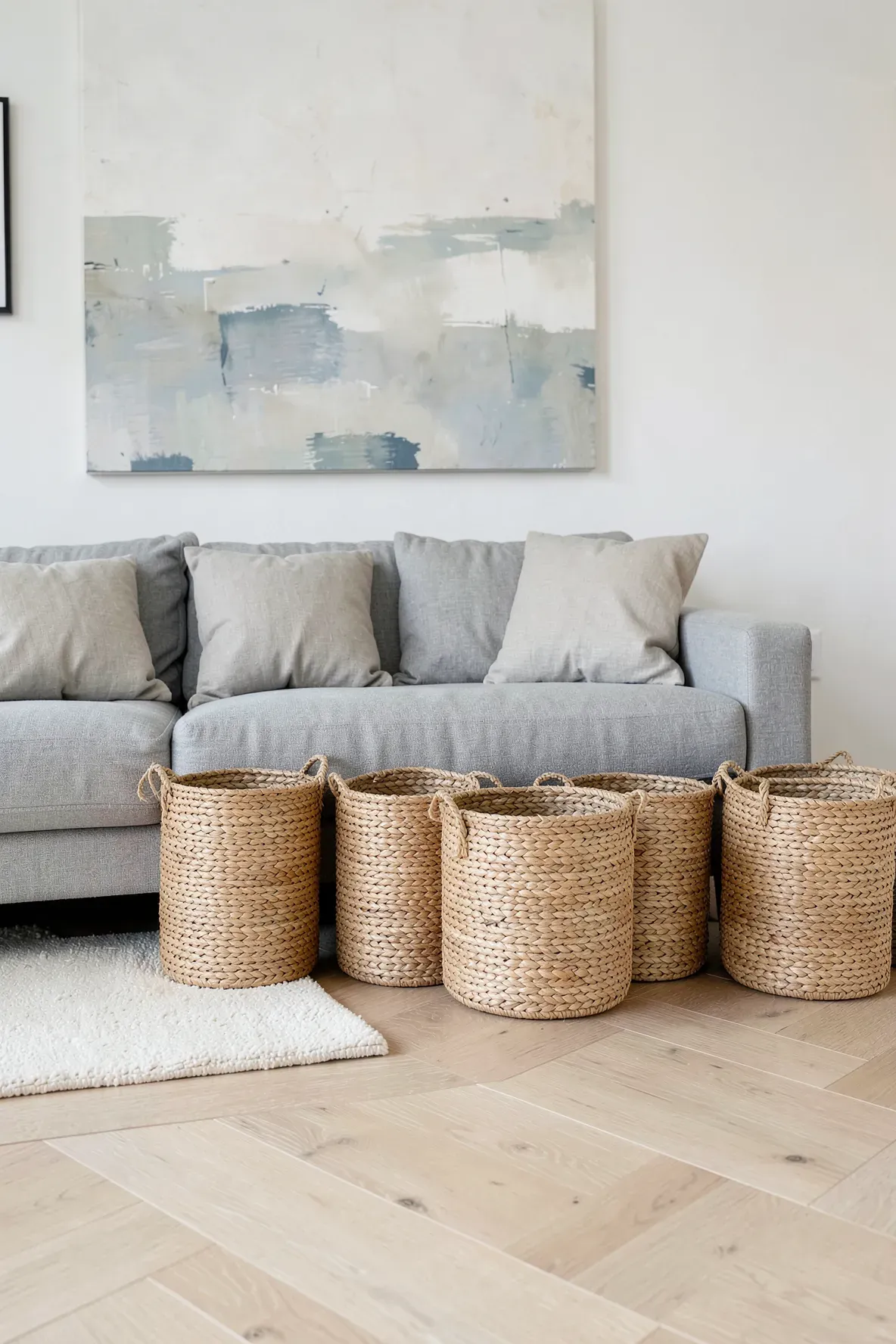 Four large woven seagrass baskets lined up against a wall in a modern, tidy living room.