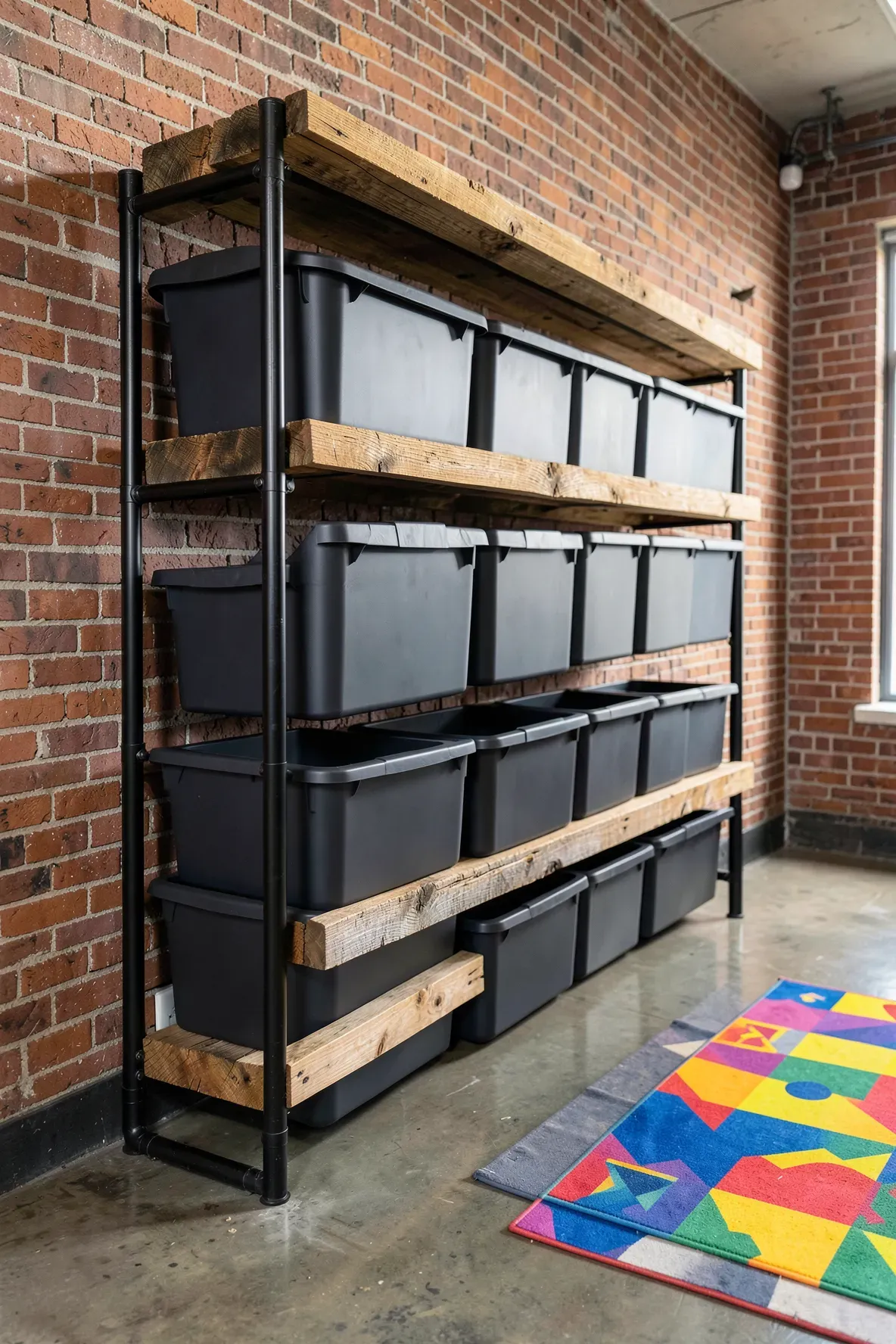 Industrial black pipe and wood shelving holding large clear bins in a tidy playroom with a brick wall.