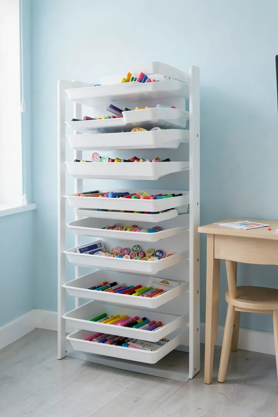 A white multi-level storage tower with removable trays filled with organized art supplies.