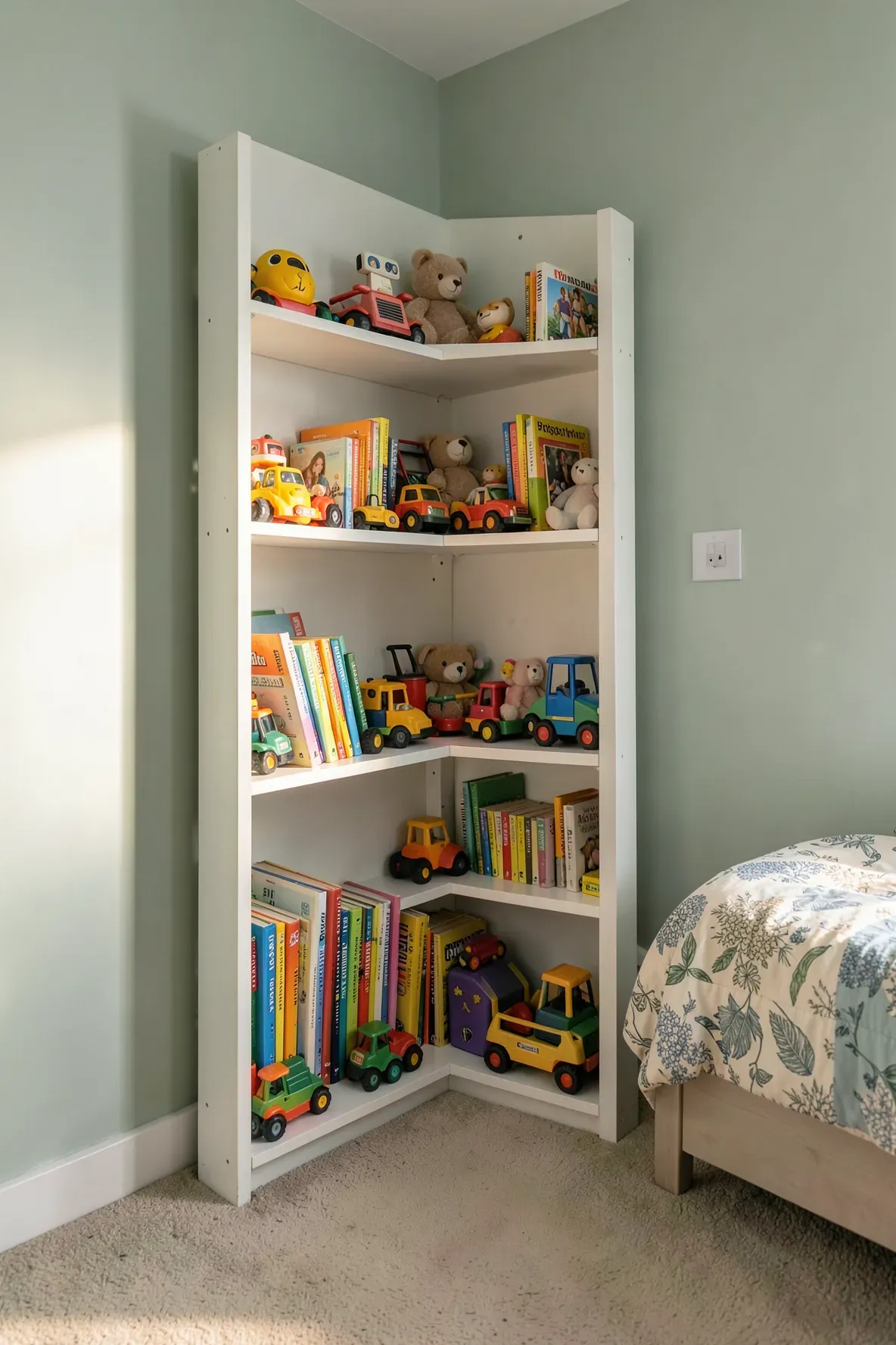A tall white corner shelf filled with toys and books in a small, organized bedroom.