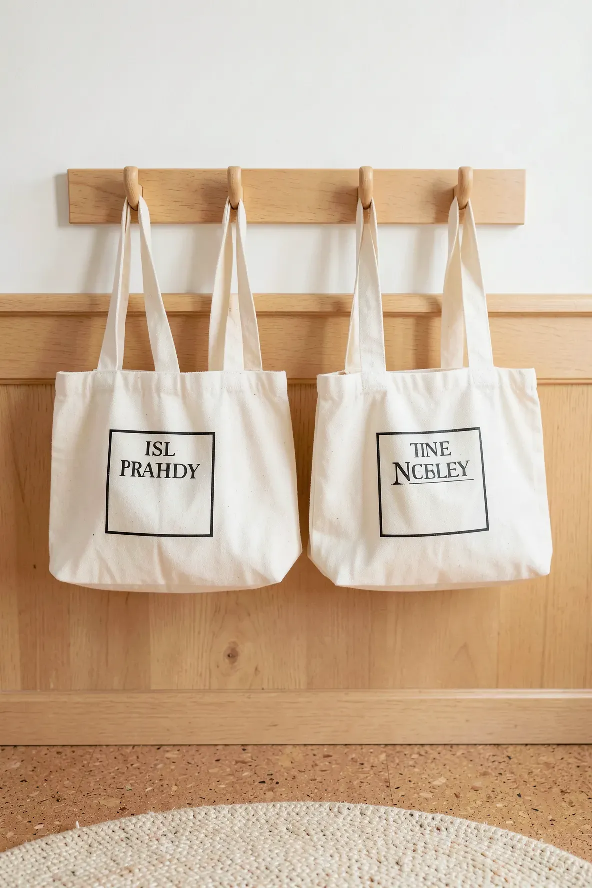 Four cream canvas bags with labels hanging on low wooden hooks against a white wall.