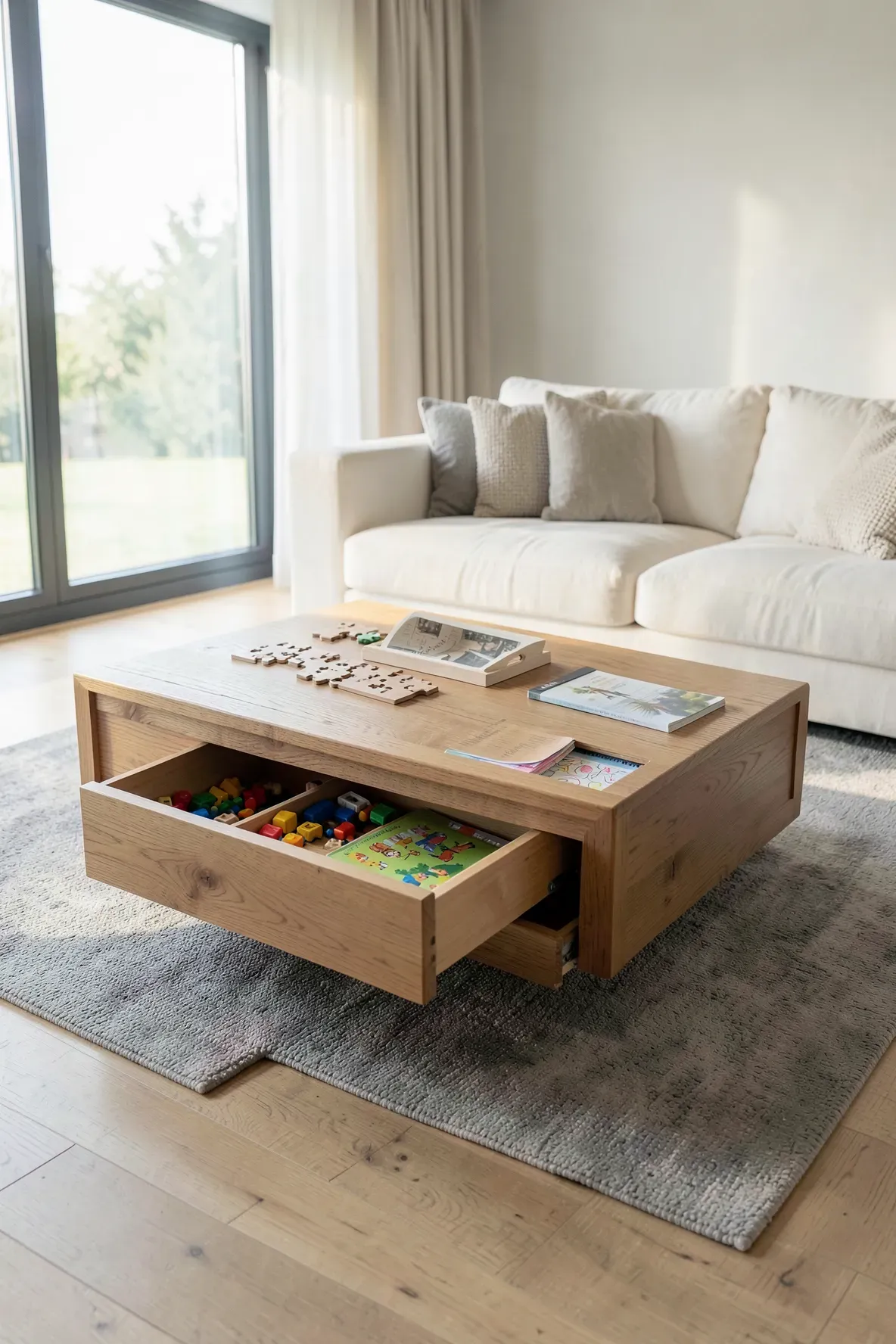 A modern oak coffee table with open drawers containing organized toys in a bright, tidy living room.