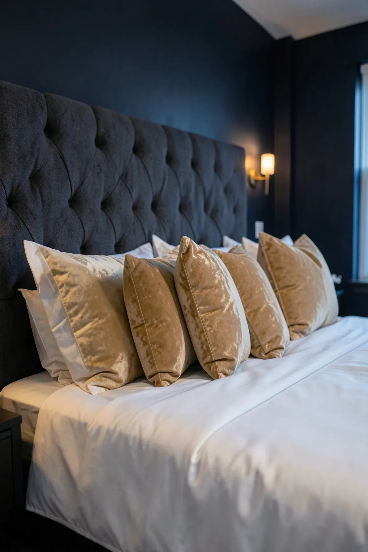 Three large champagne velvet Euro shams leaning against a tall charcoal headboard in a luxury bedroom.
