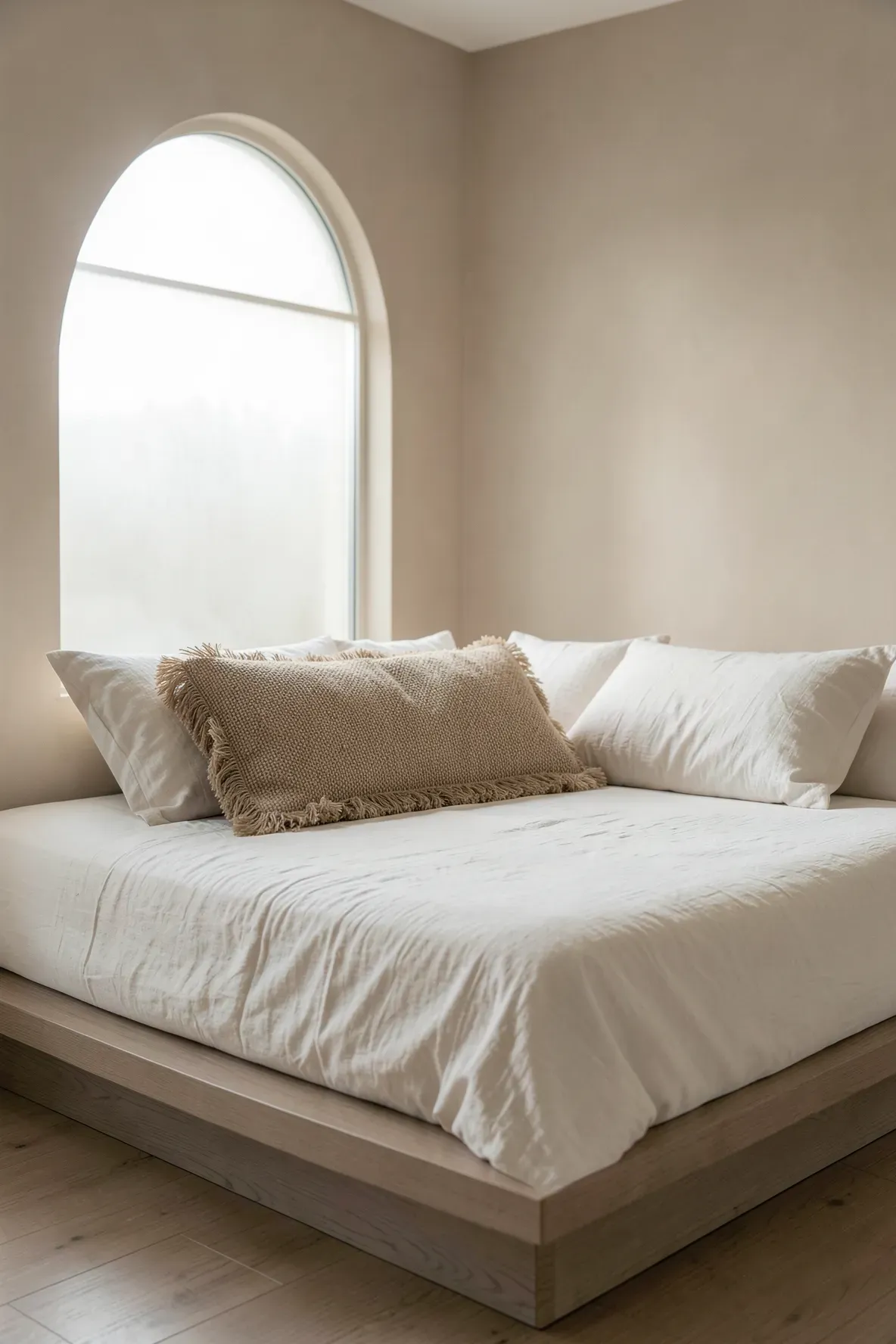 A single long oatmeal-colored lumbar pillow centered on an off-white bed in a peaceful Japandi bedroom.