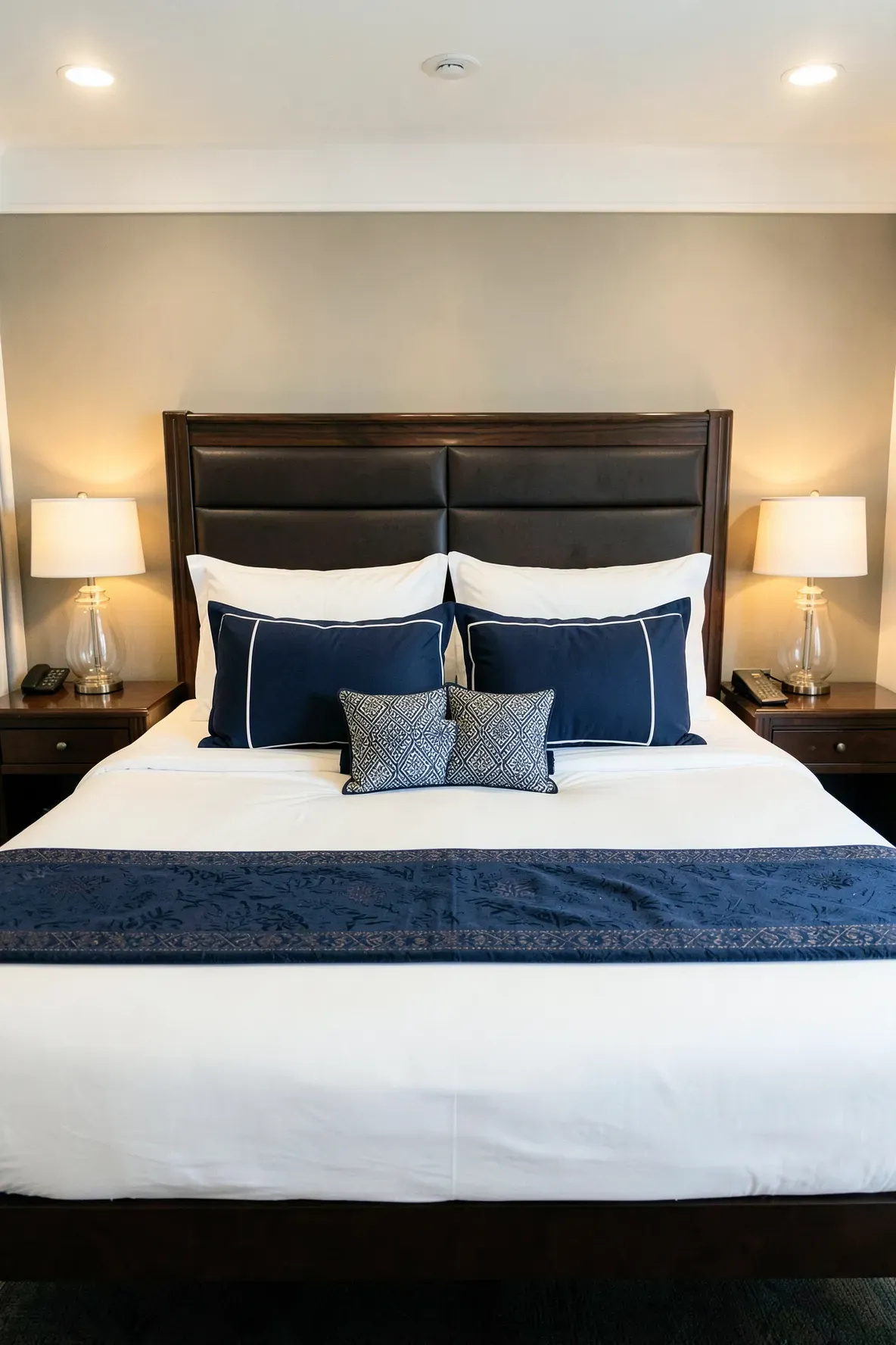 A symmetrical three-layer pillow display on a King bed with navy and white shams in a luxury hotel style.