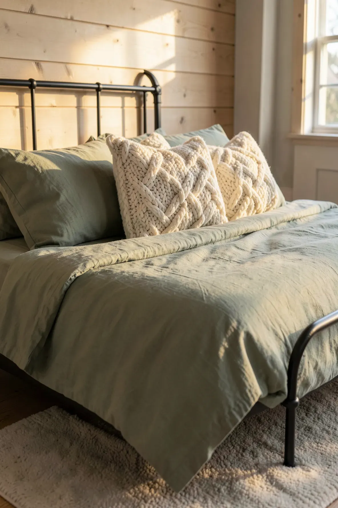 A cozy bed featuring a mix of smooth sage green linen pillows and thick cream-colored chunky knit cushions.