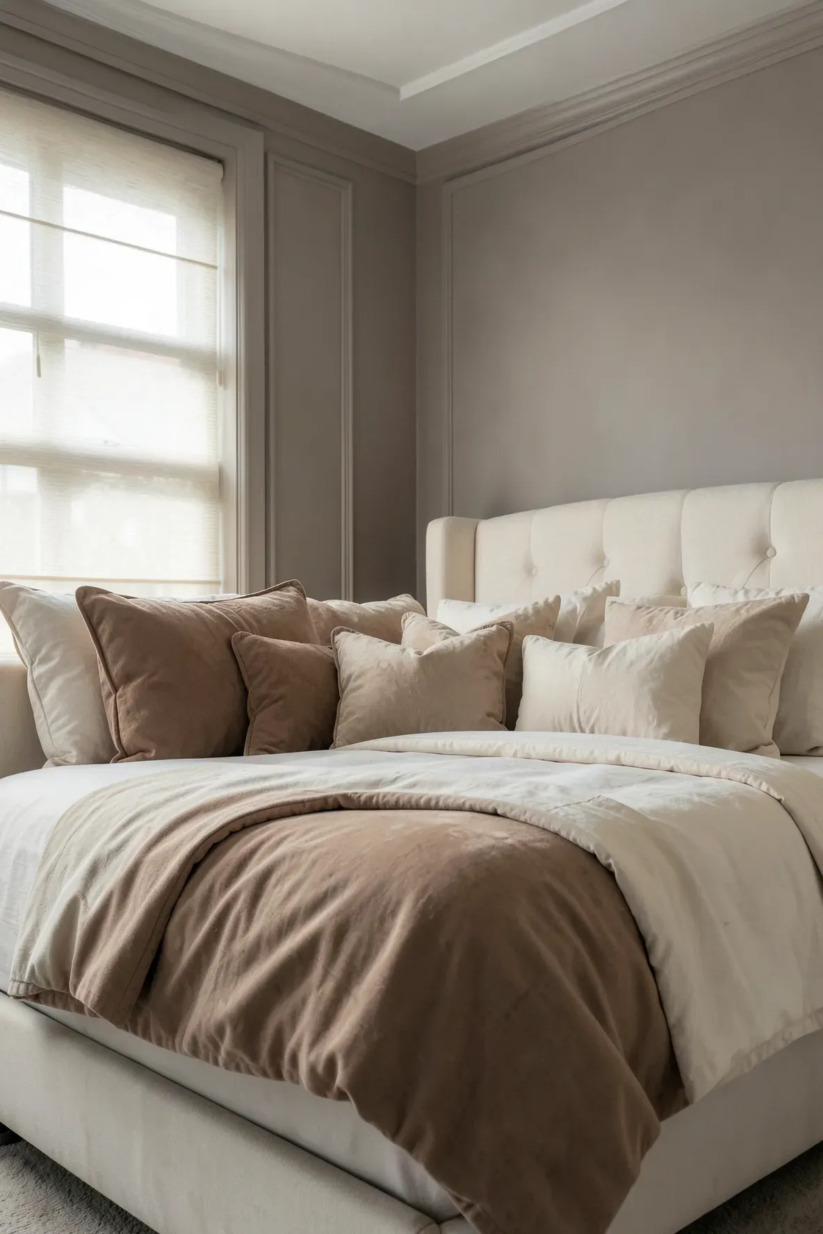 A bed styled with layers of pillows in various neutral shades like cream, beige, and tan for a tonal look.