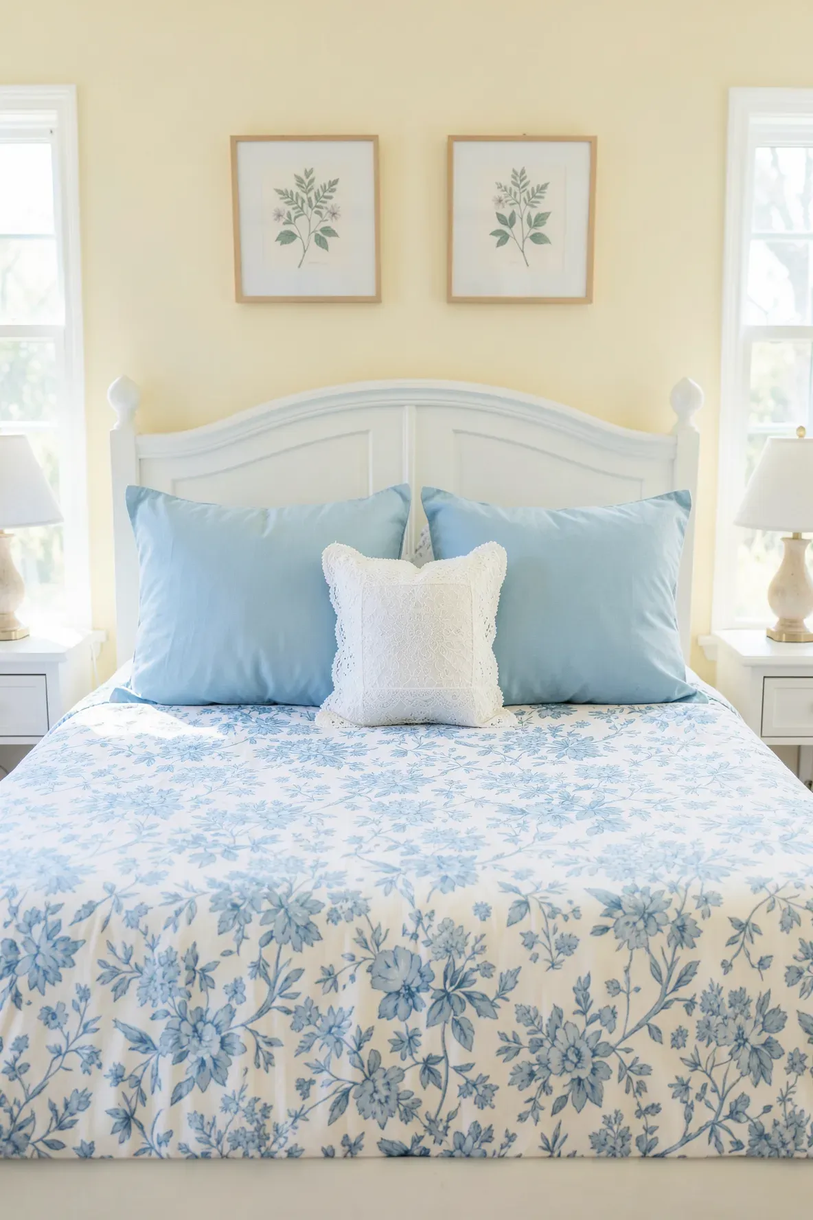 A simple bed setup with two blue shams and one small white square pillow centered in the middle.