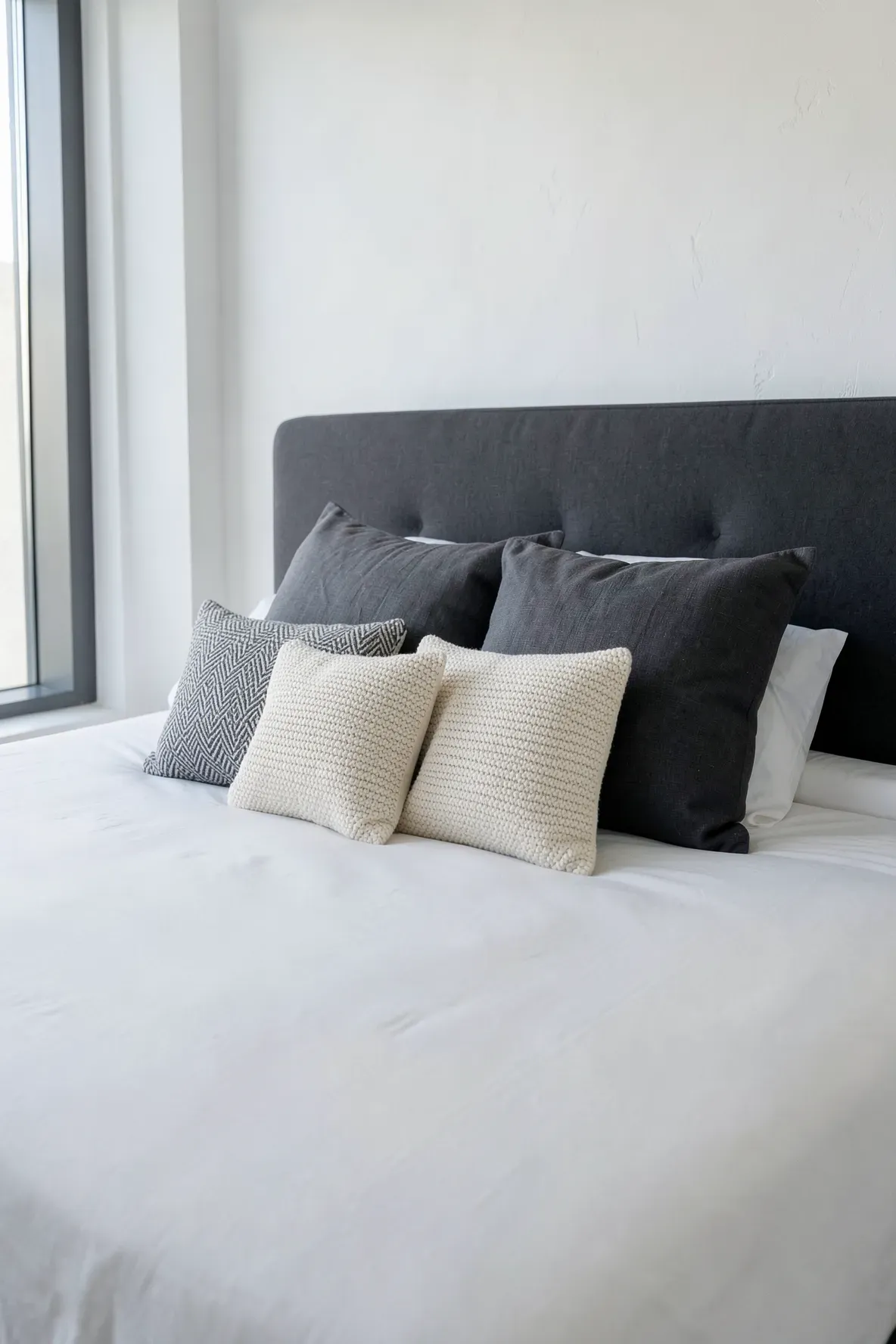 A modern bed with three different sized pillows arranged asymmetrically on one side.