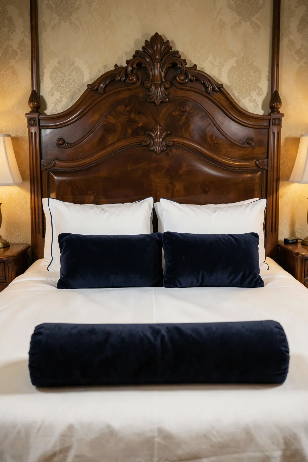 A long cylindrical bolster pillow placed horizontally in front of standard white pillows.